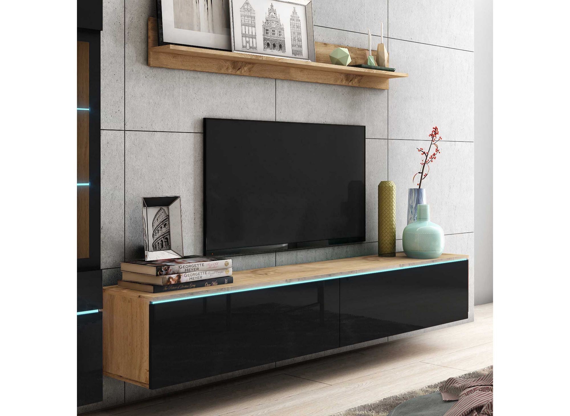 Meuble TV contemporain chêne et noir laqué avec LED - VERONICA