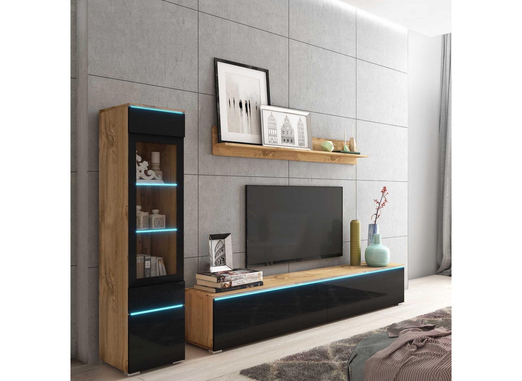 Meuble TV contemporain chêne et noir laqué avec LED - VERONICA