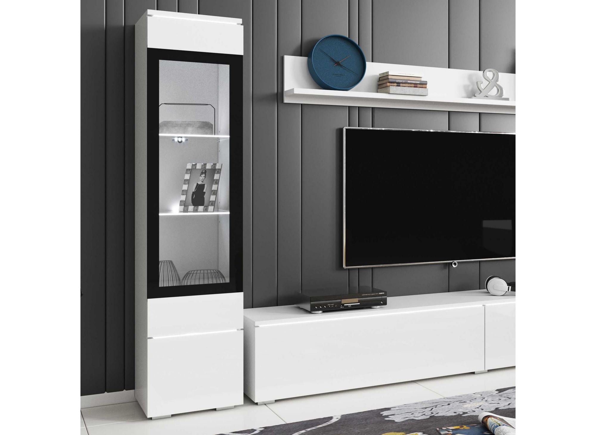 Meuble TV contemporain blanc laqué avec LED - VERONICA XL