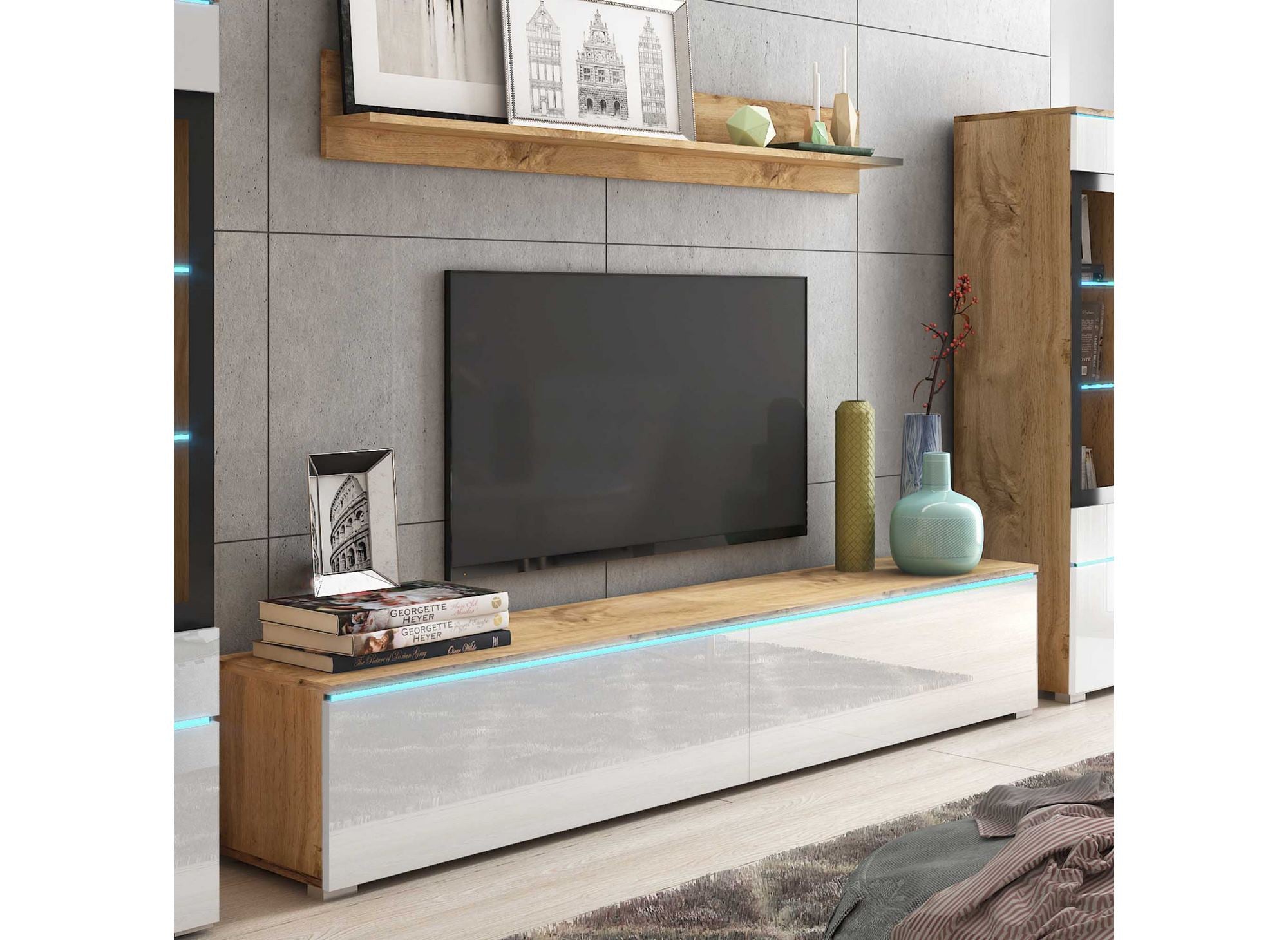 Meuble TV contemporain chêne et blanc laqué avec LED - VERONICA XL