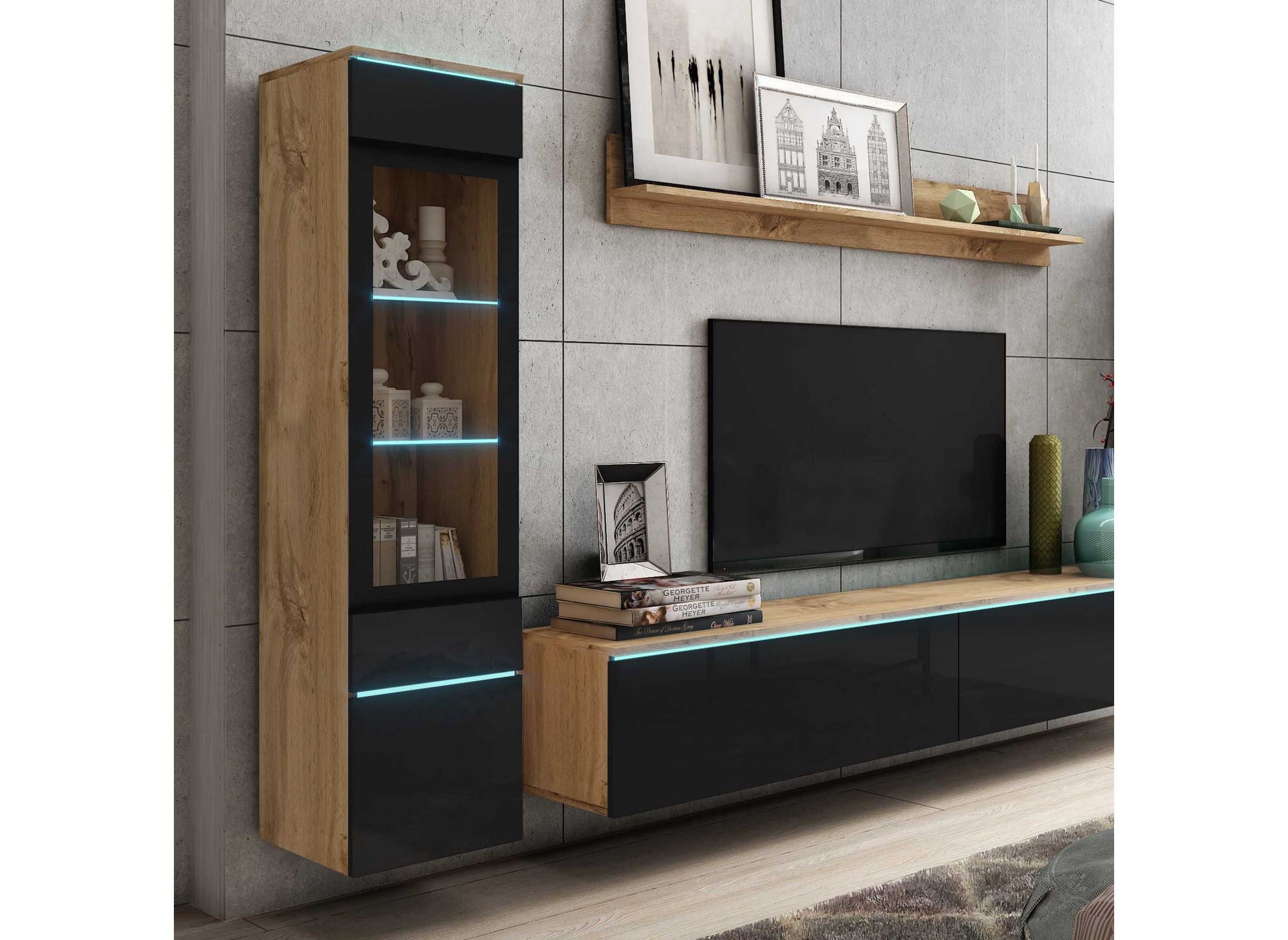 Meuble TV contemporain chêne et noir laqué avec LED - VERONICA XL