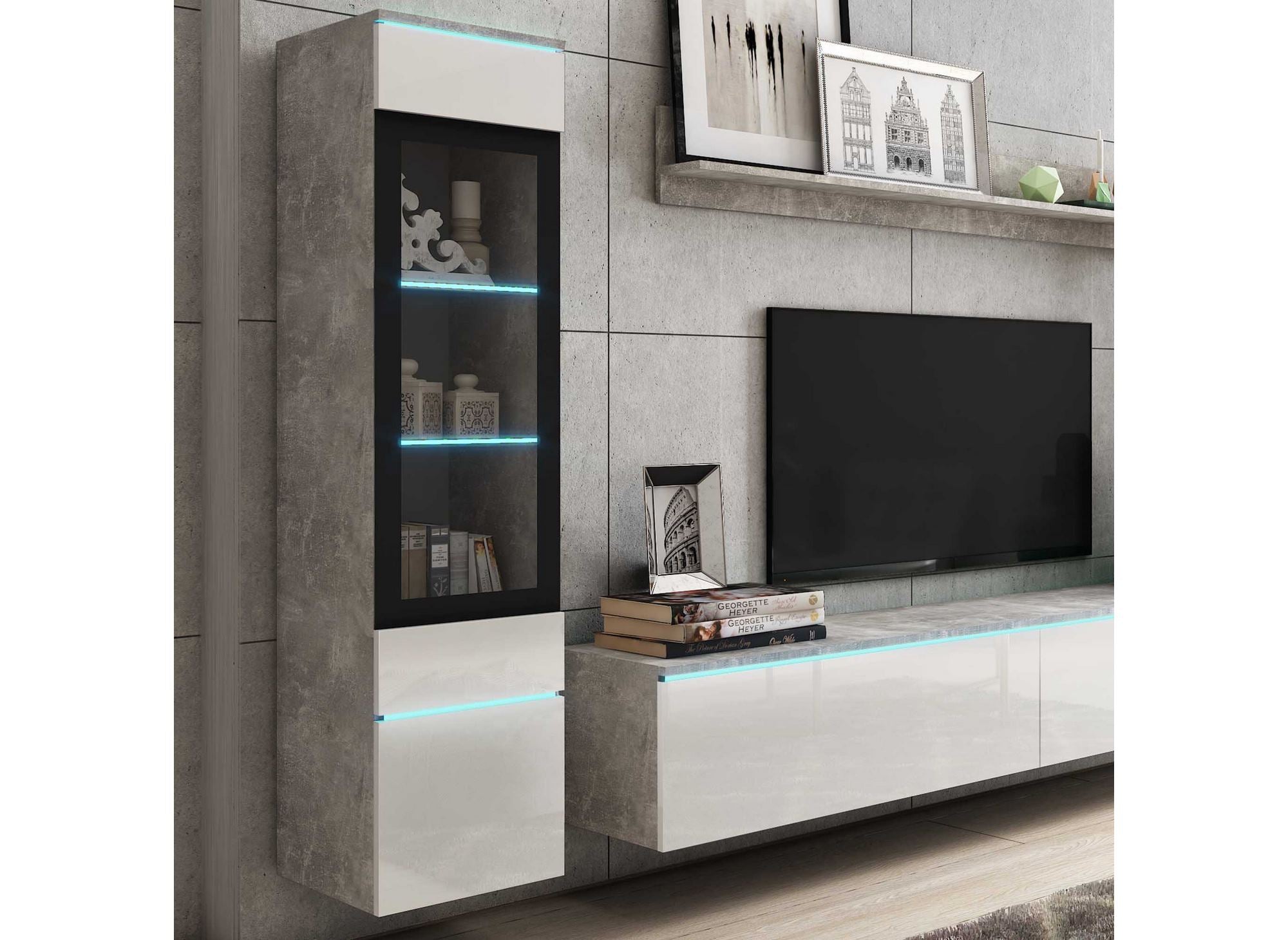 Meuble TV contemporain gris béton et blanc laqué avec LED - VERONICA