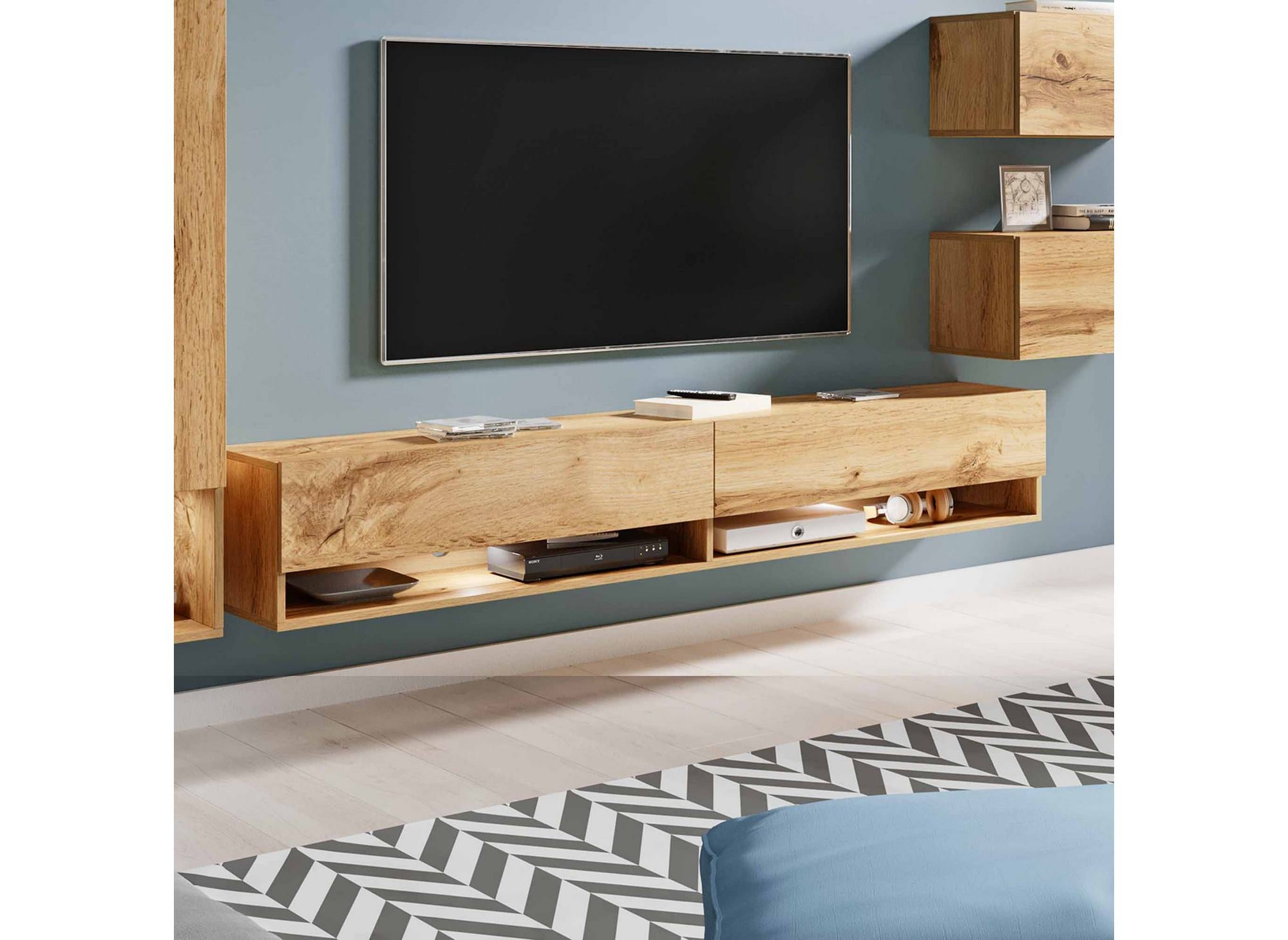 Meuble TV contemporain chêne avec LED - AMANDA