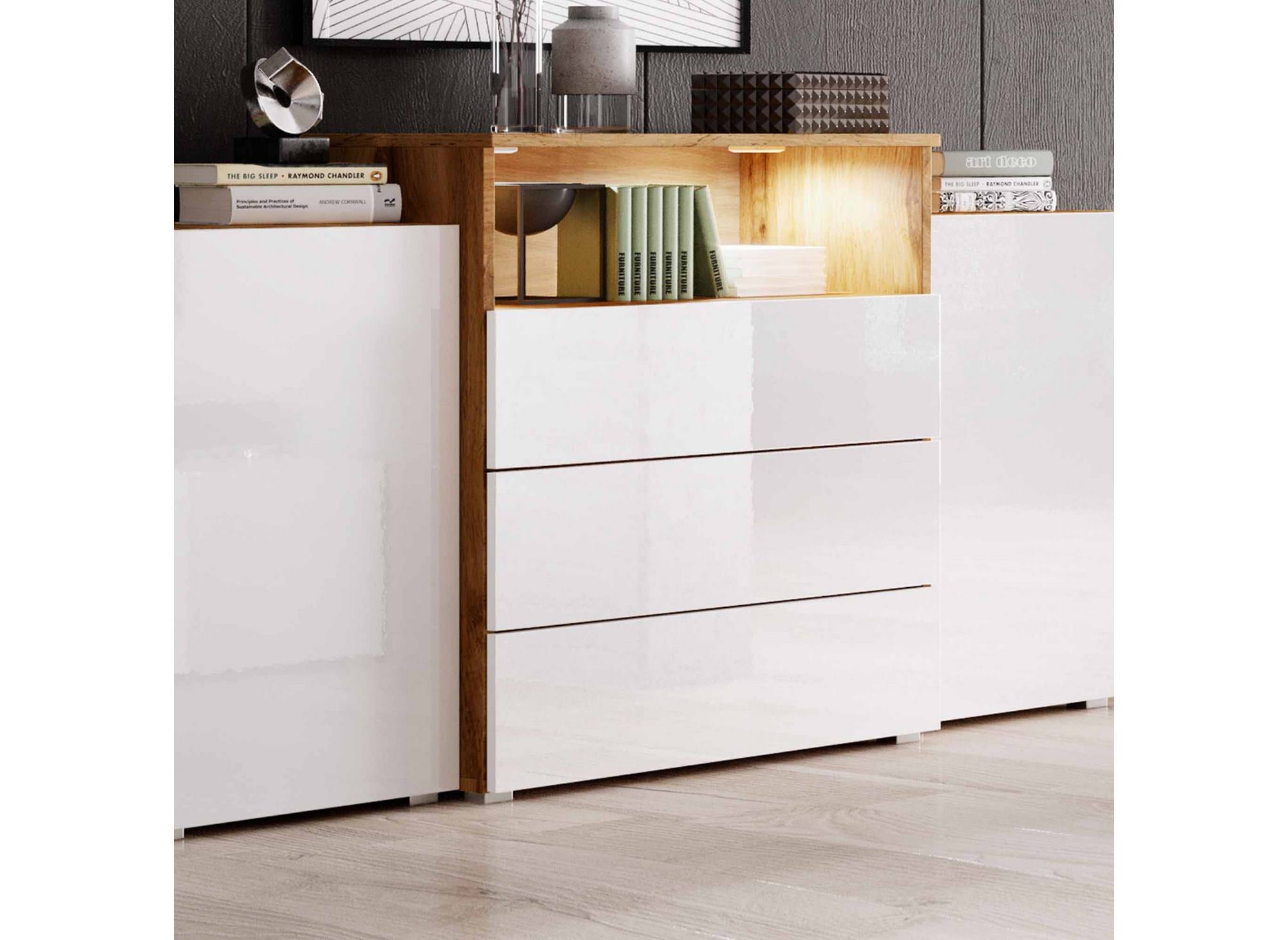 Buffet commodes 2 portes 3 tiroirs chêne et blanc avec LED - MARCEL