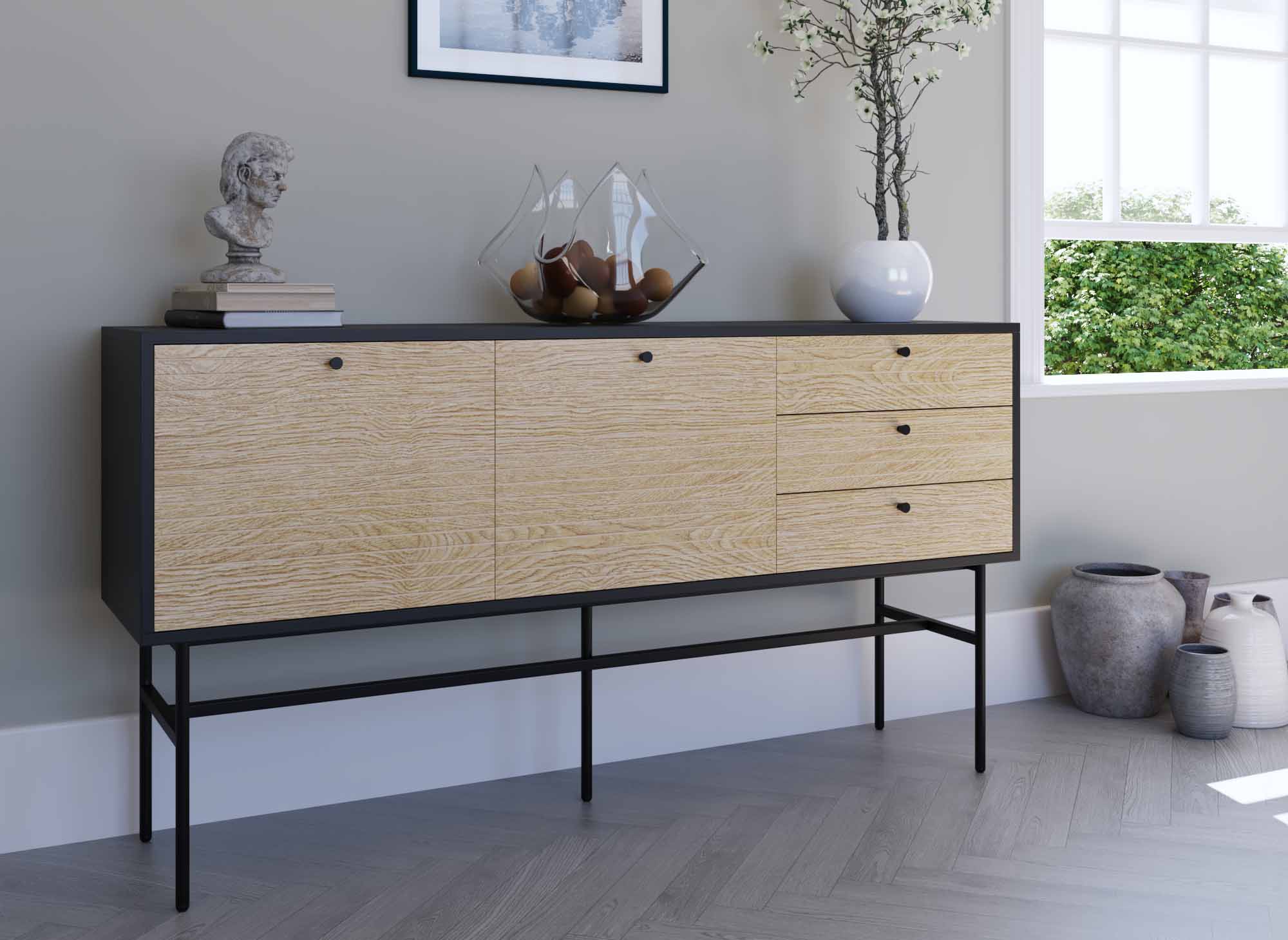 Buffet enfilade 3 tiroirs 2 portes en bois et métal noir DARYL