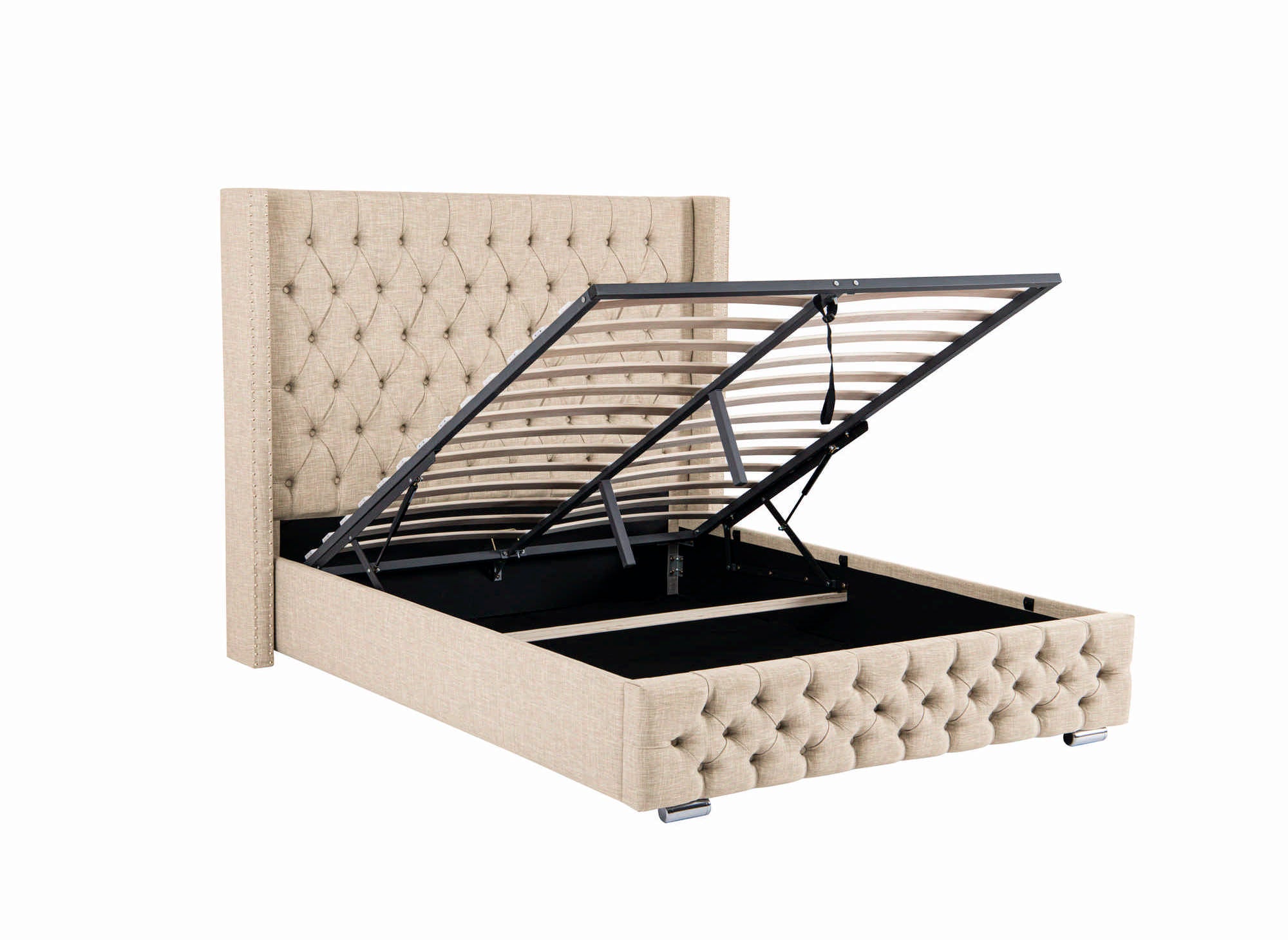 Lit coffre en tissu lin beige 140x190 cm MAXI