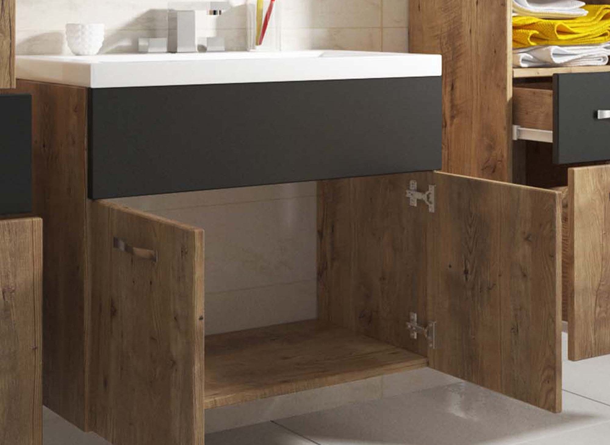 Ensemble meubles salle de bain suspendu - Bois effet vieilli et gris SHELBY