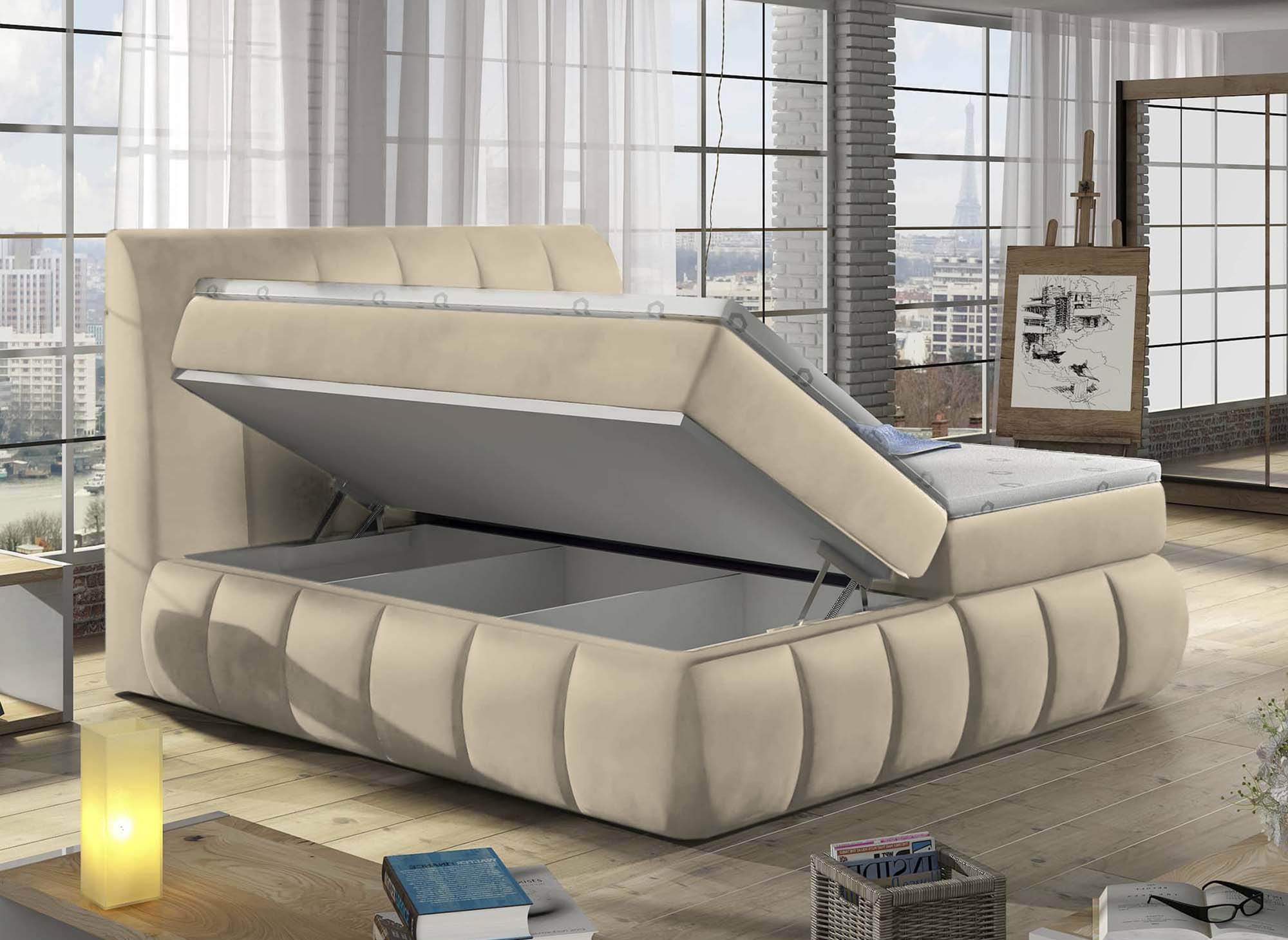 Lit boxspring 180x200 avec coffre de rangement en velours beige - VALERIA