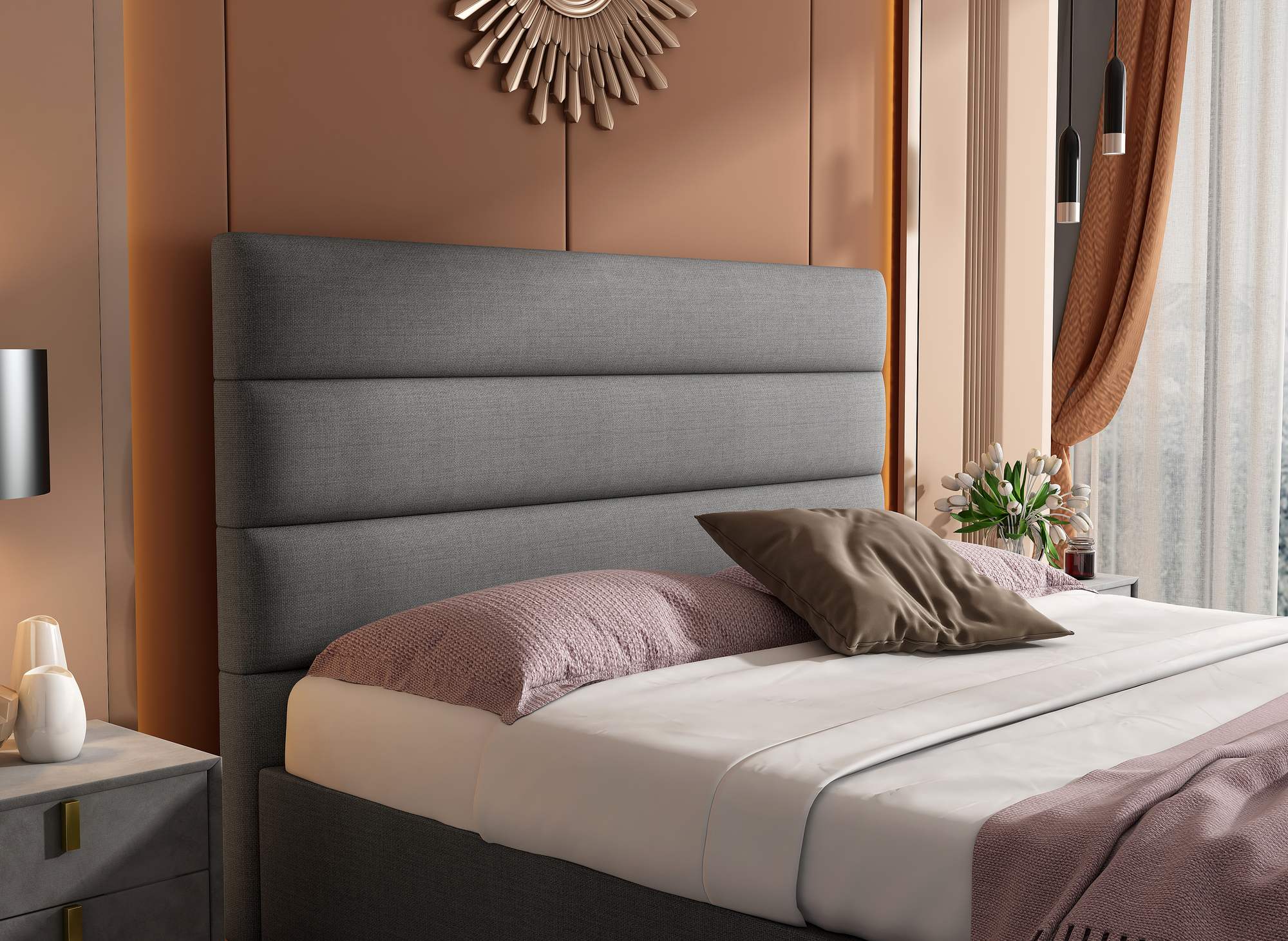 Lit coffre en tissu lin gris 160 x 200 cm SHANNA