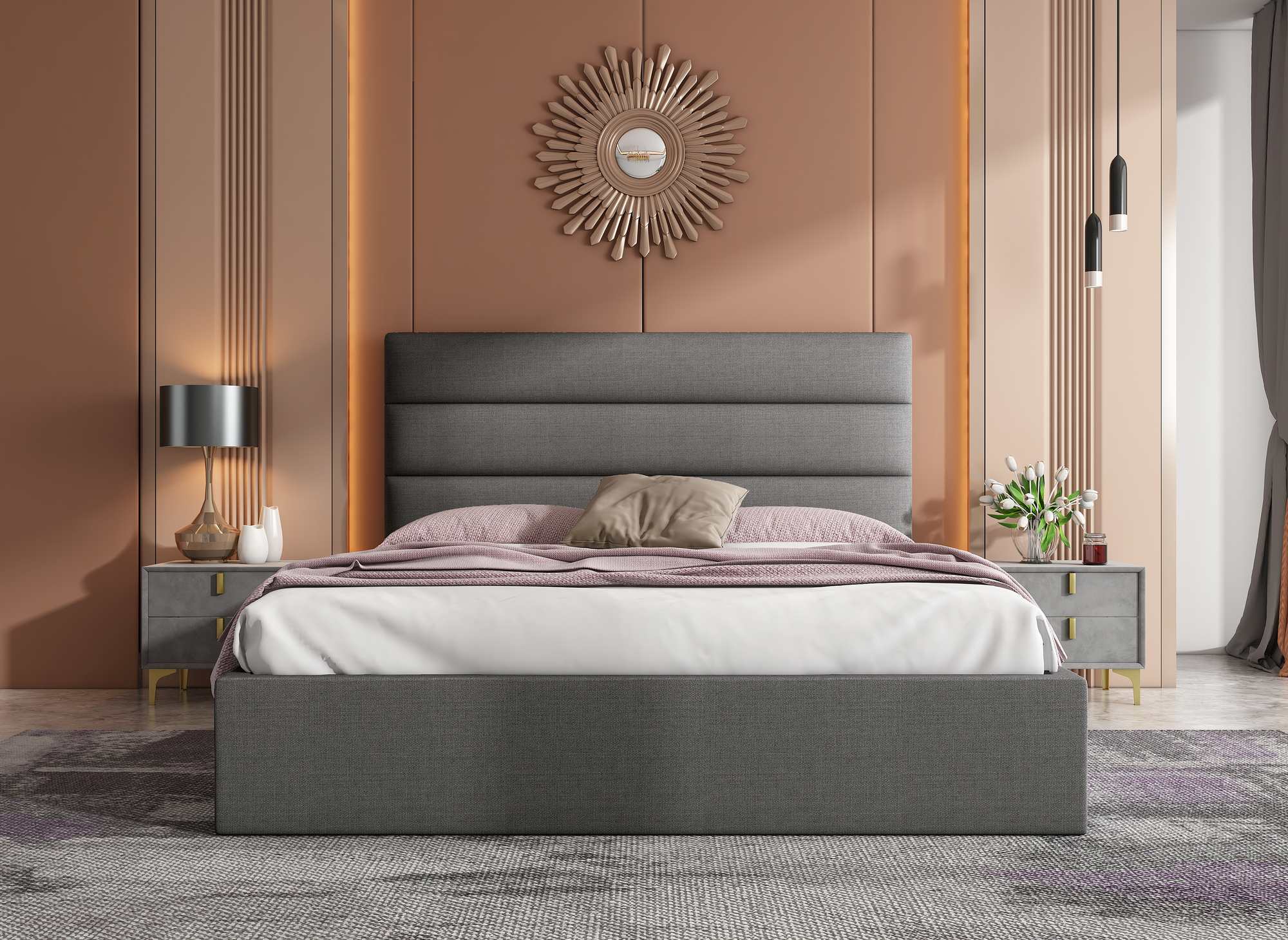 Lit coffre en tissu lin gris 160 x 200 cm SHANNA