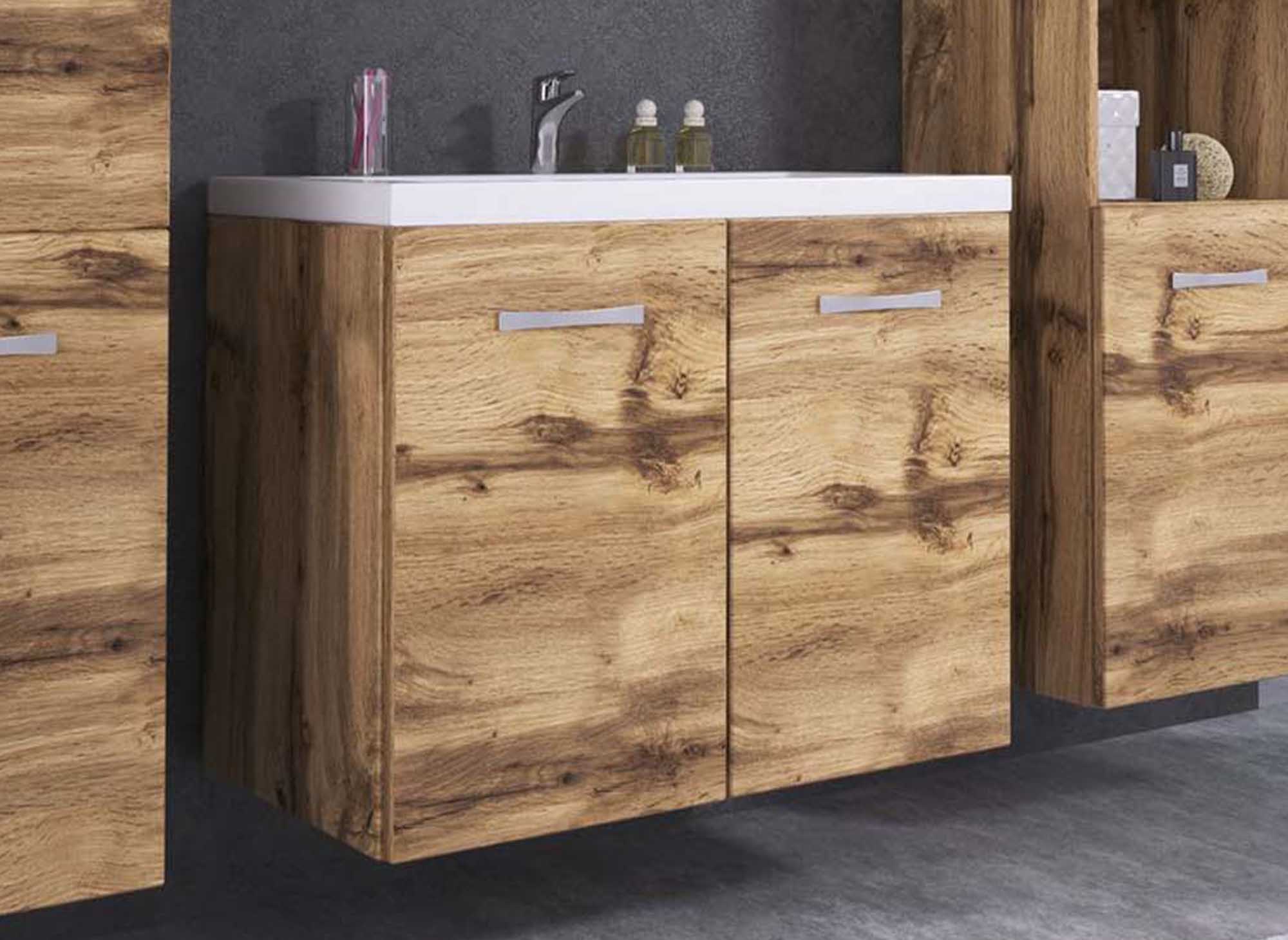 Ensemble meubles salle de bain design suspendu - Chêne vieilli ALBY