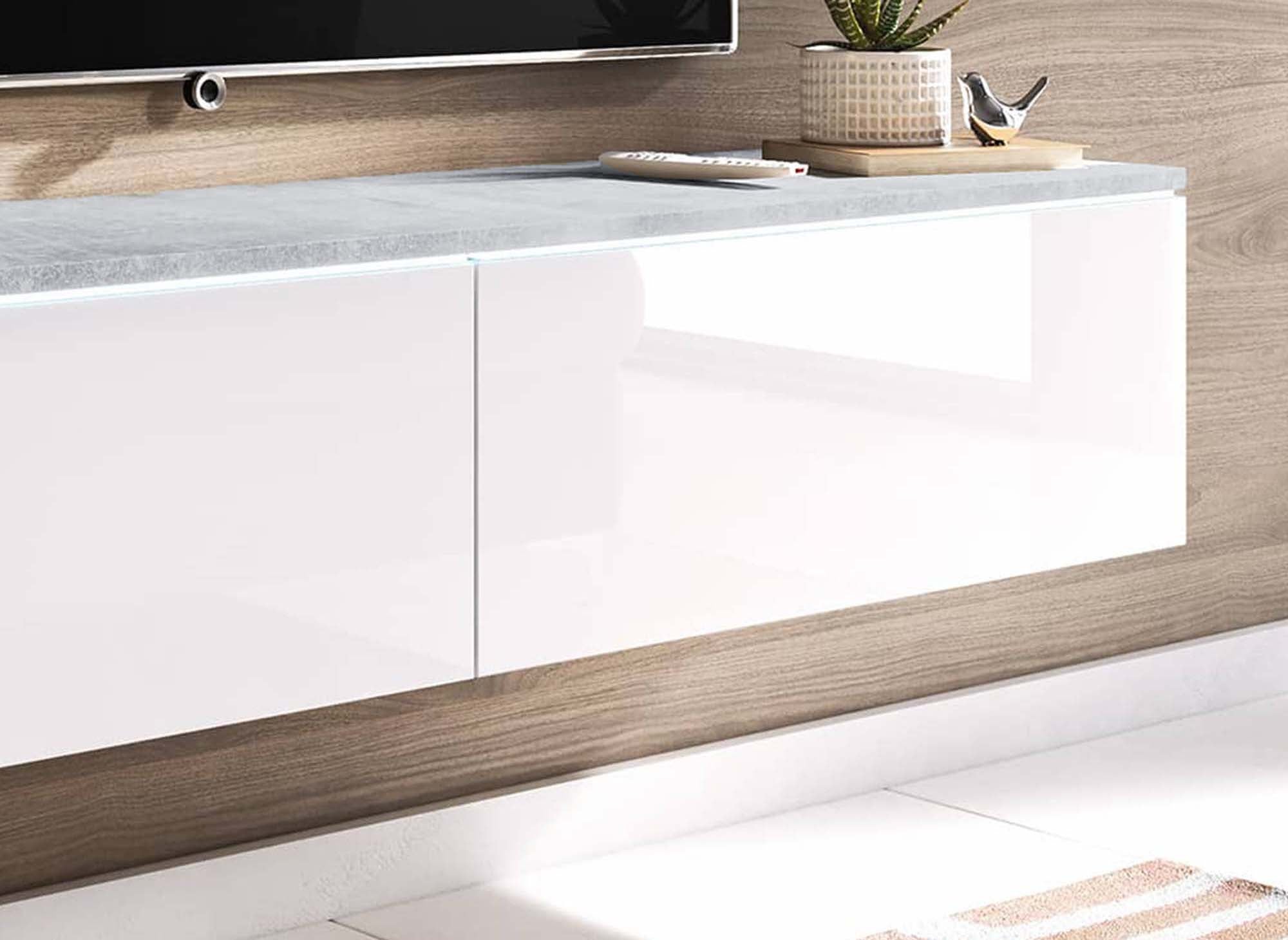 Meuble TV contemporain béton et laqué blanc avec LED 2 portes MALORIE - 140 cm