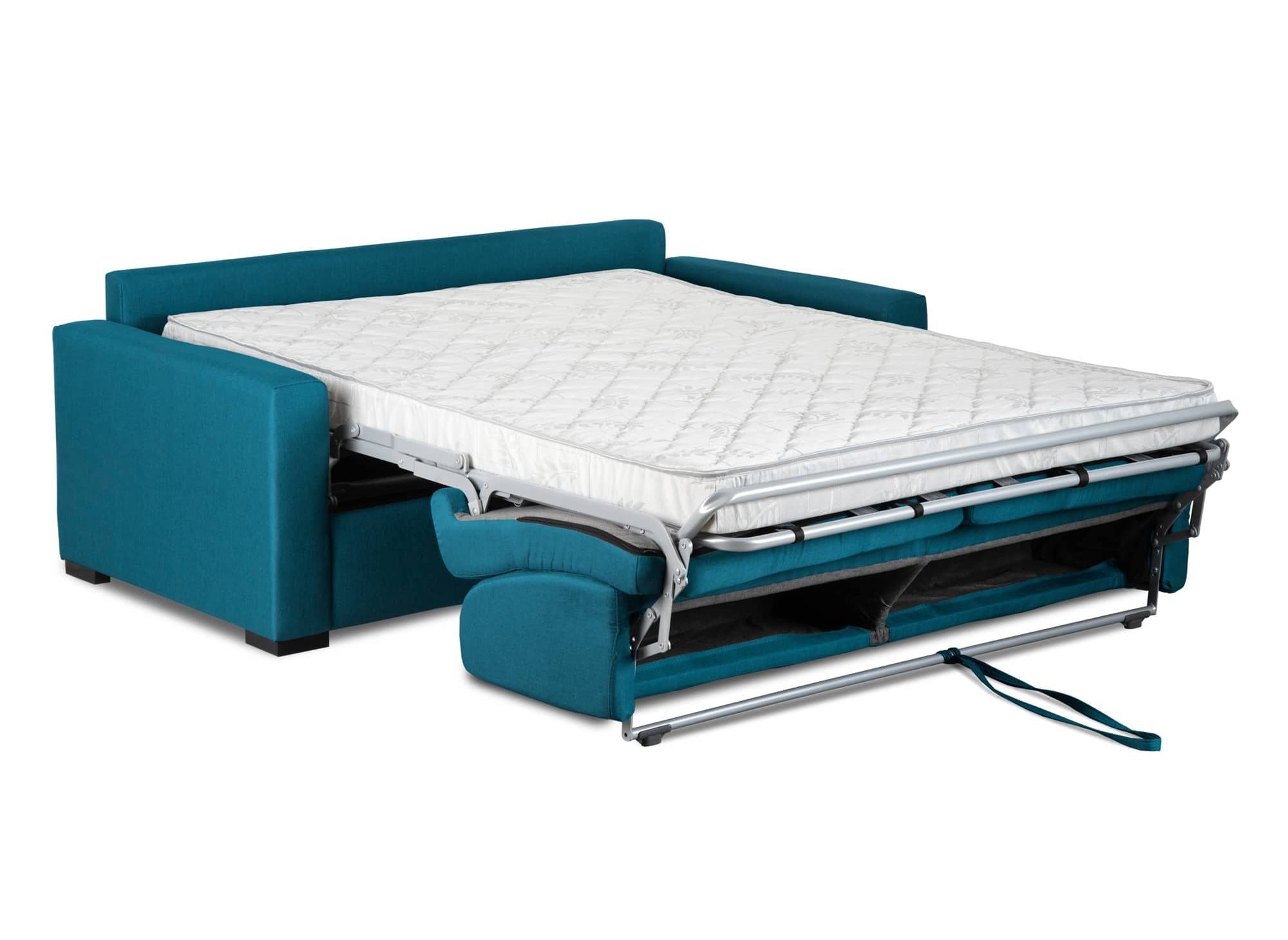 Canapé convertible 3 places LOUNA en tissu bleu pétrole ouverture express