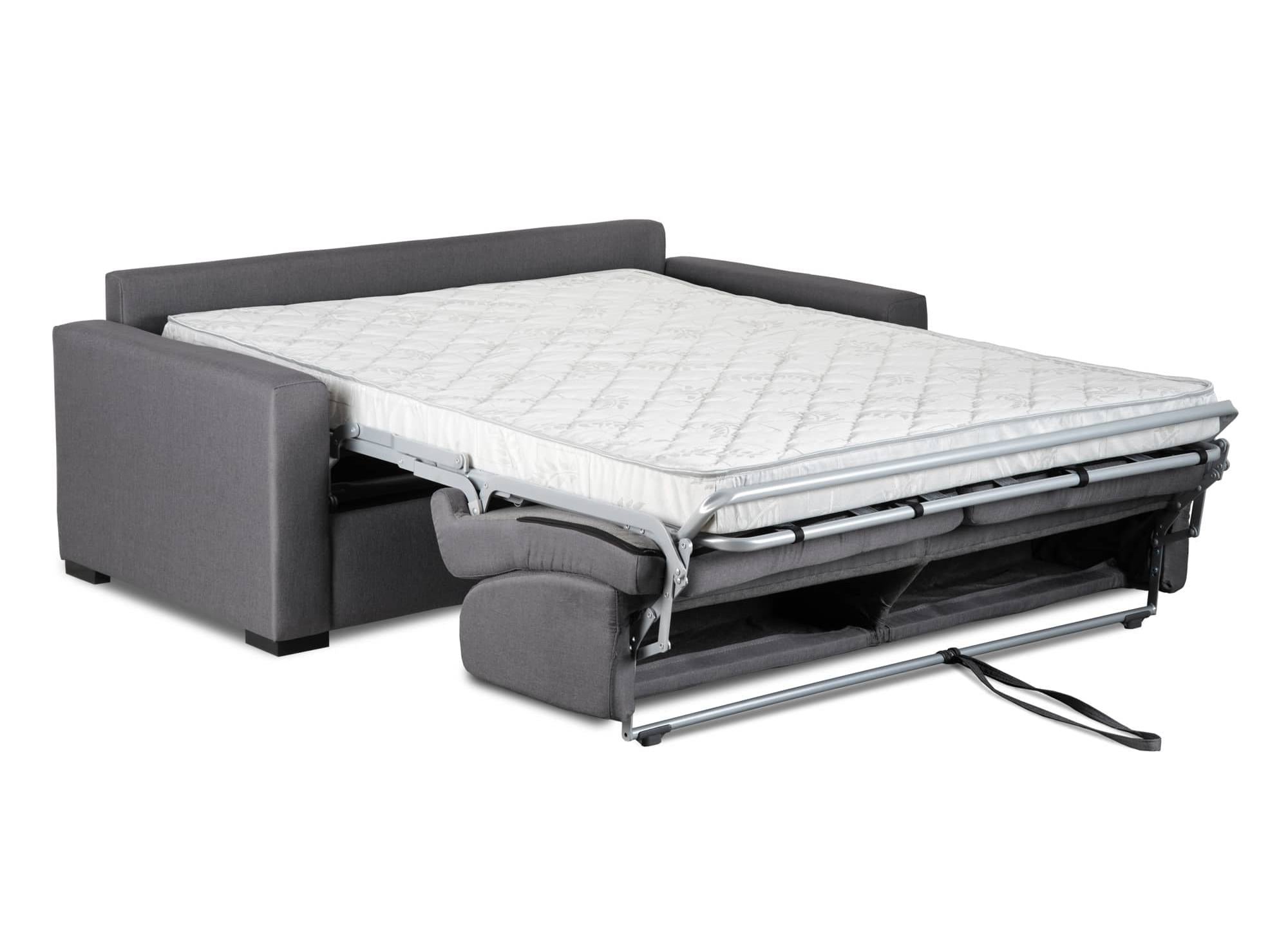 Canapé convertible 3 places LOUNA en tissu gris foncé ouverture express matelas 14 cm