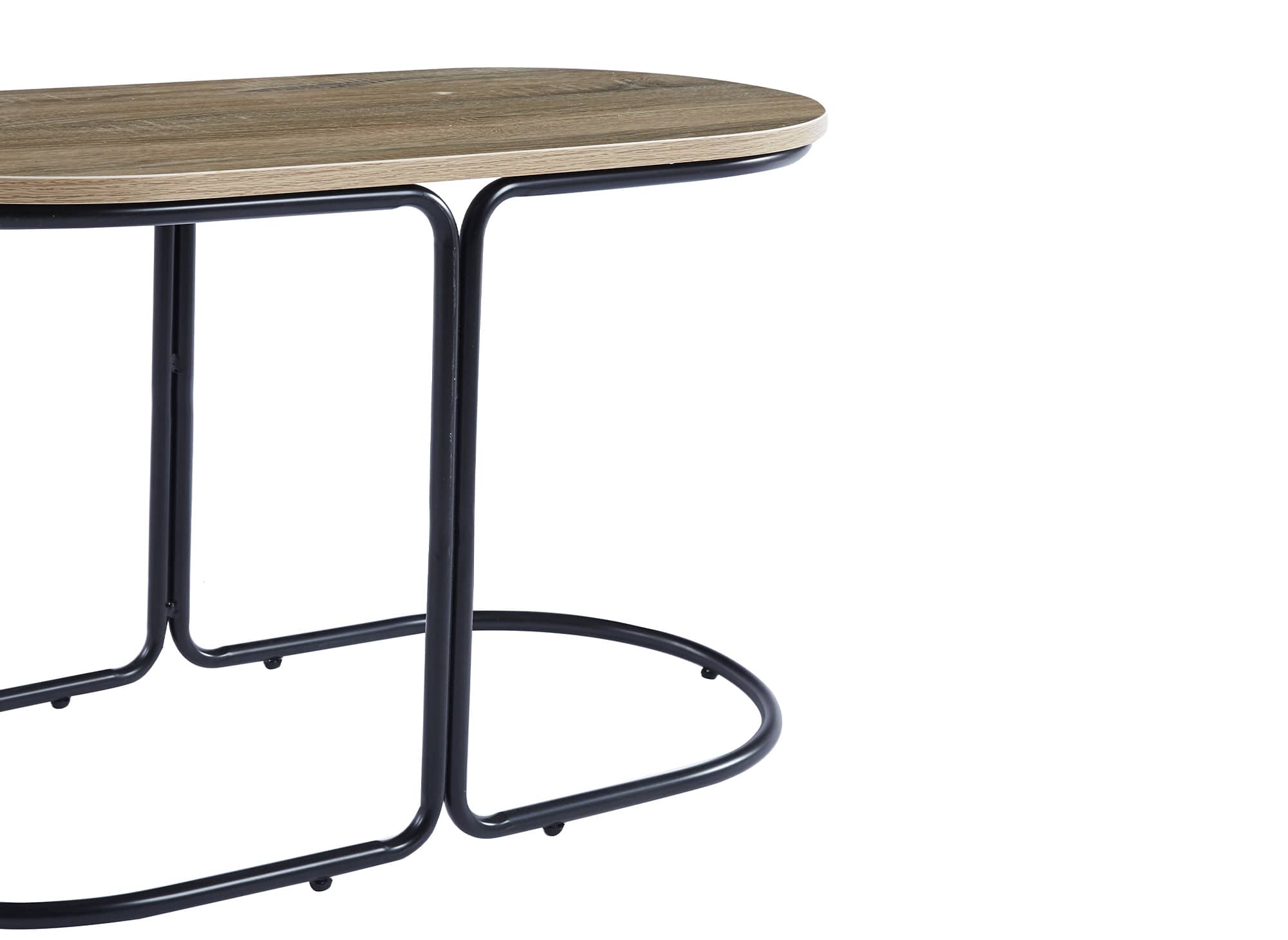 Ensemble table basse couleur bois avec 2 poufs en tissu gris foncé JUDITH