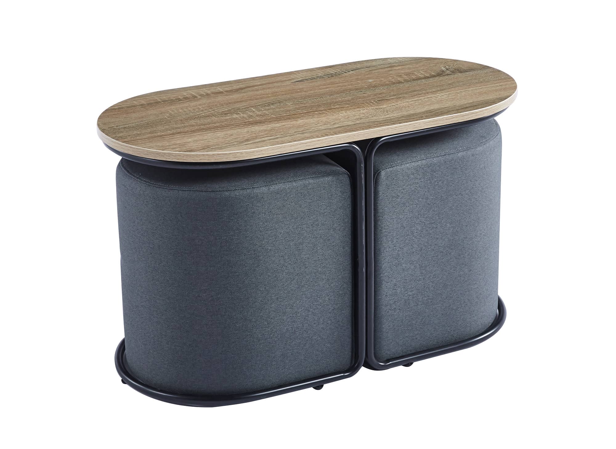 Ensemble table basse couleur bois avec 2 poufs en tissu gris foncé JUDITH