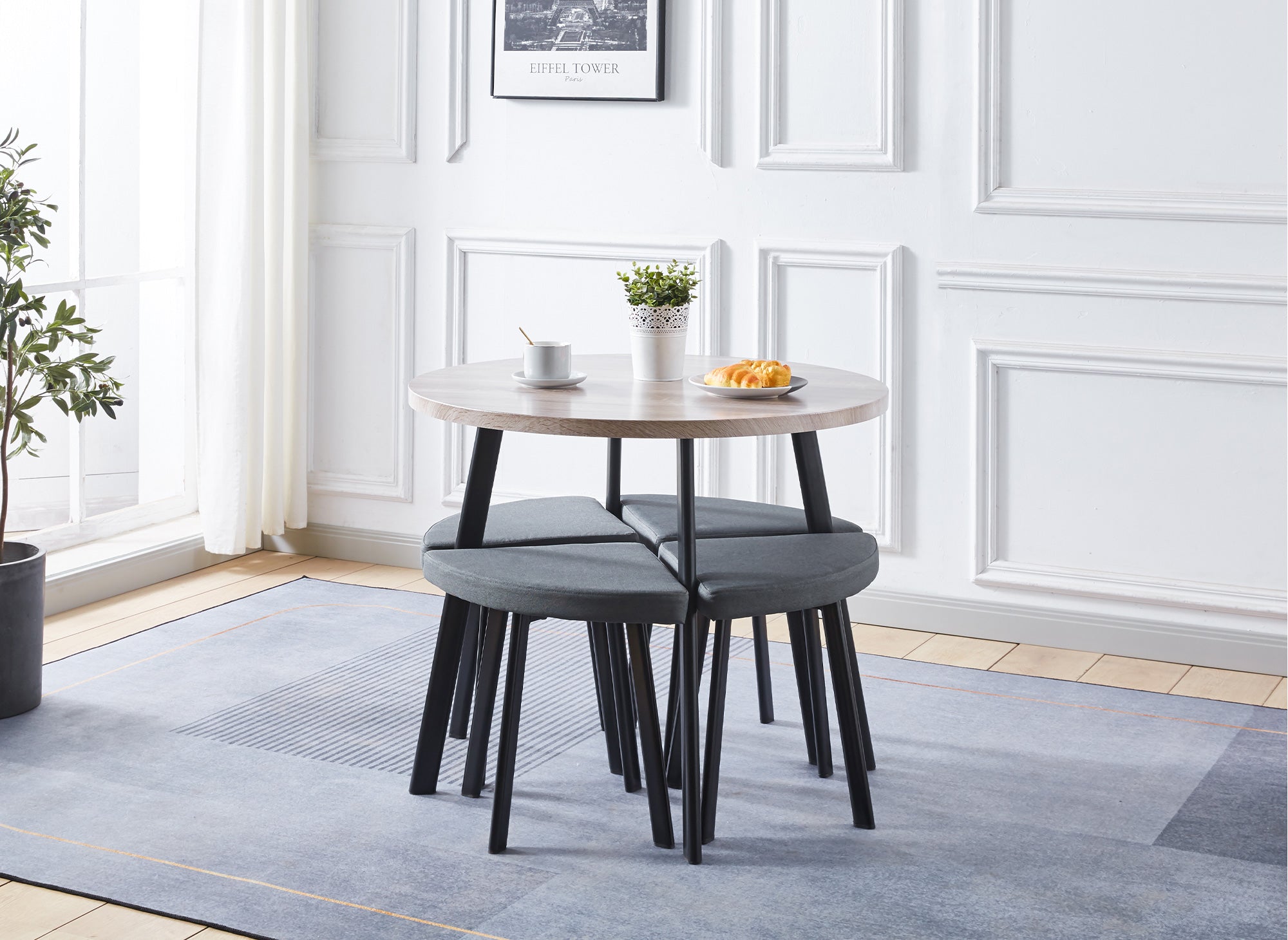 Ensemble table à manger en bois gris clair avec 4 tabourets gris IRINA
