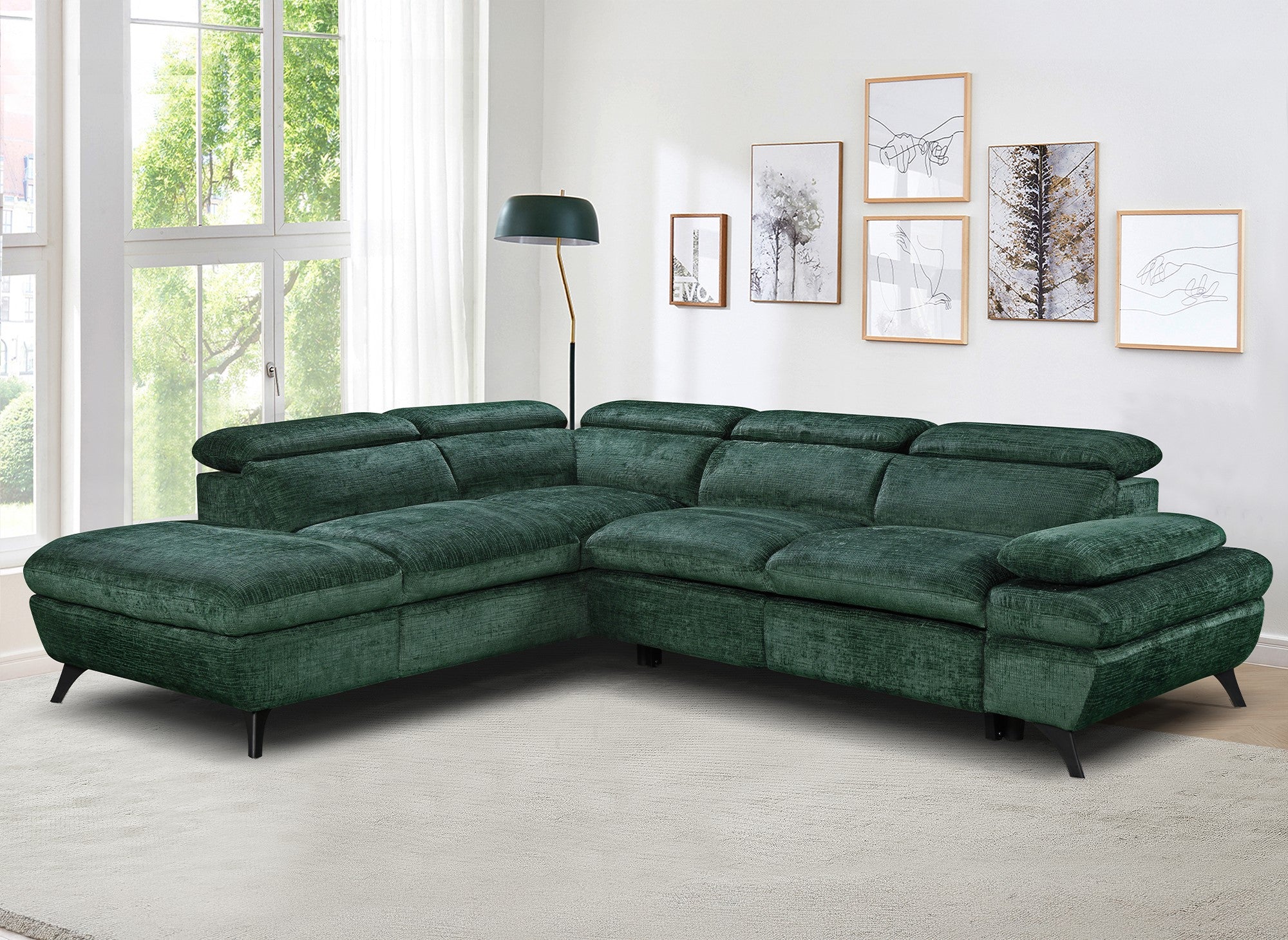 Canapé d'angle convertible avec coffre en velours chiné vert LUFY - Angle gauche