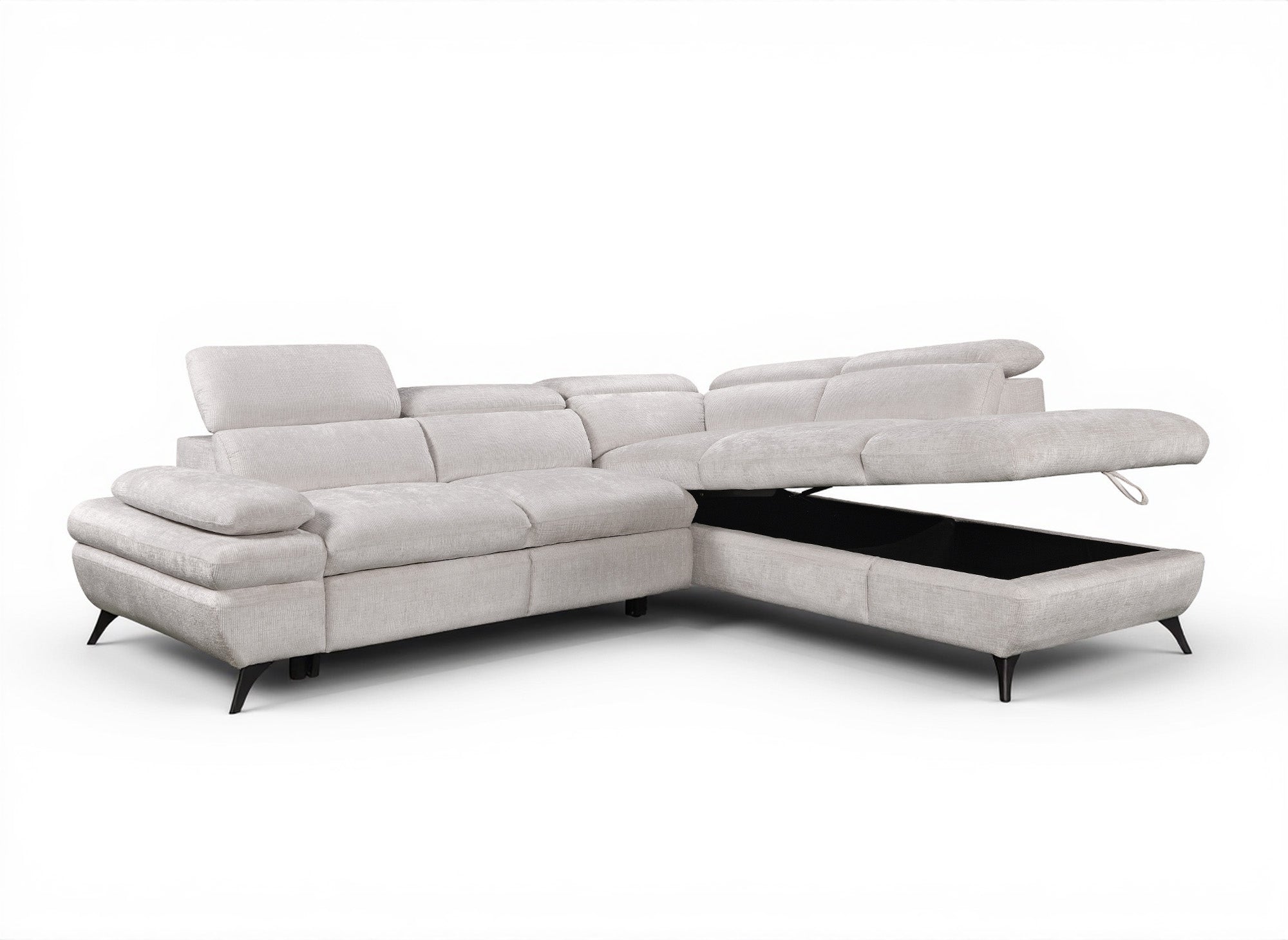 Canapé d'angle convertible avec coffre en velours chiné blanc écru LUFY - Angle droit