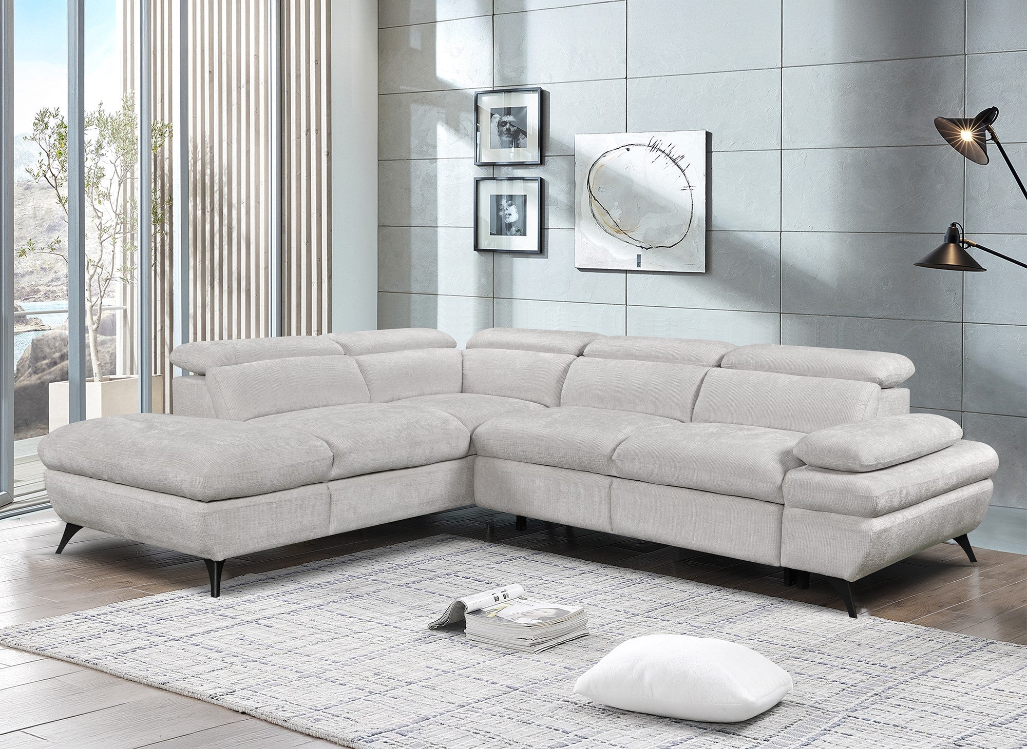 Canapé d'angle convertible avec coffre en velours chiné blanc écru LUFY - Angle gauche