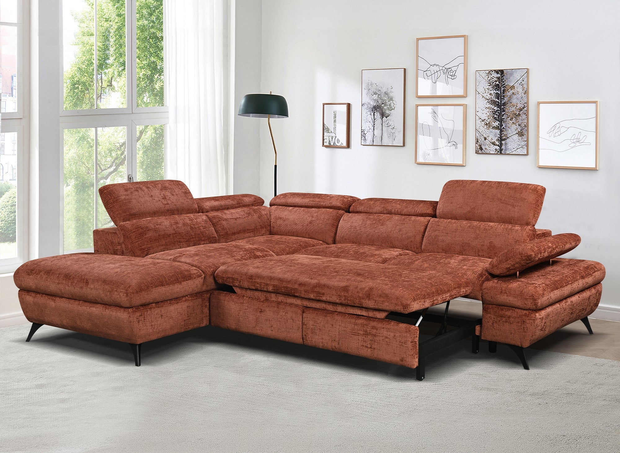 Canapé d'angle convertible avec coffre en velours chiné terracotta LUFY - Angle gauche