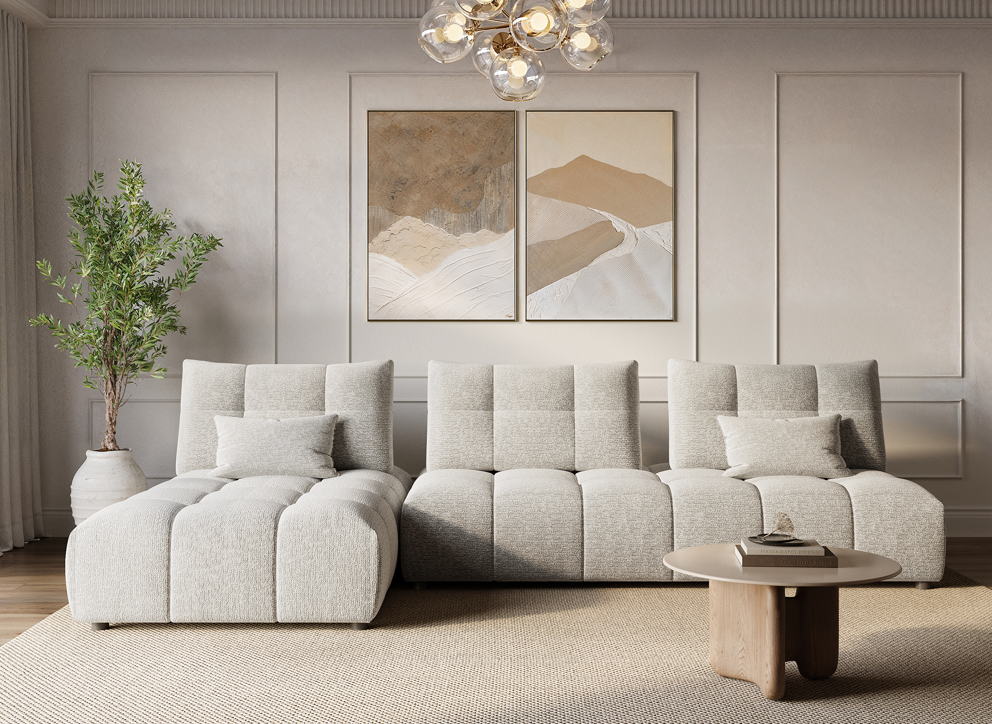 Canapé d'angle réversible en velours chiné beige ALANA