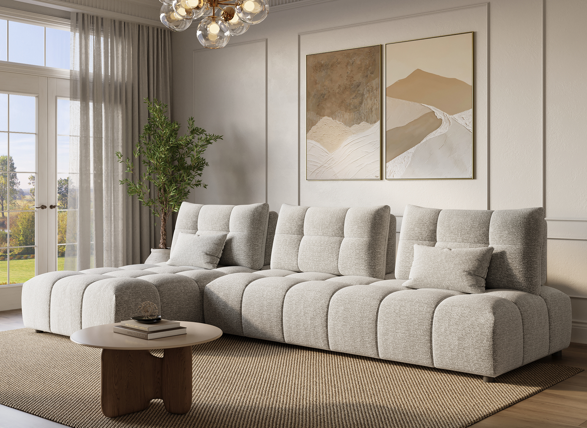 Canapé d'angle réversible en velours chiné beige ALANA