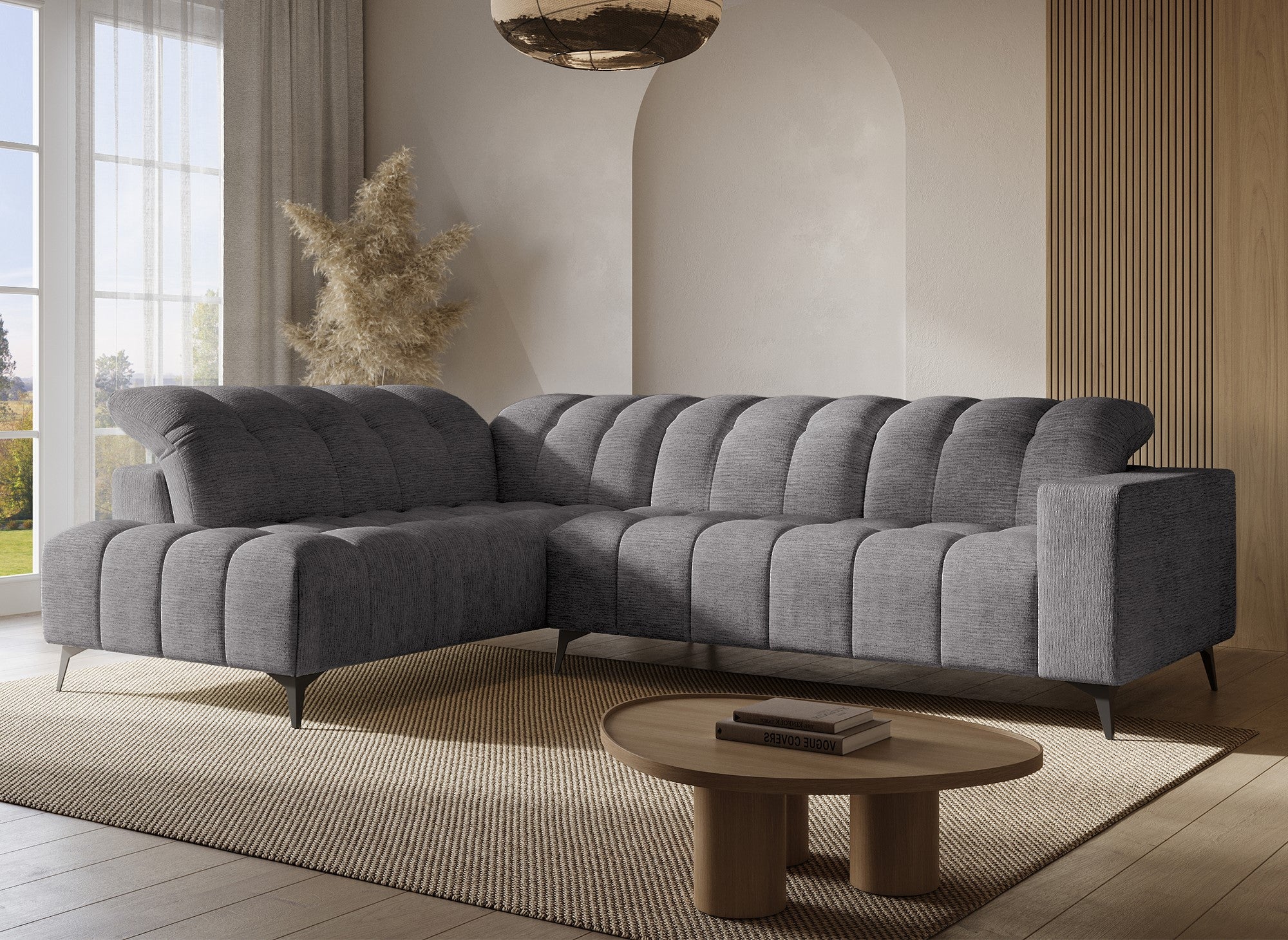 Canapé d'angle relax électrique en velours chiné gris ALVAR - Angle gauche