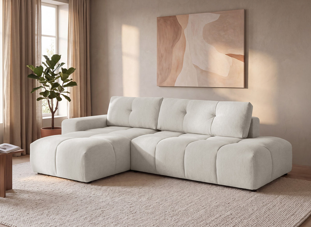 Canapé d'angle convertible avec coffre en tissu texturé beige ANGELINE - Angle gauche