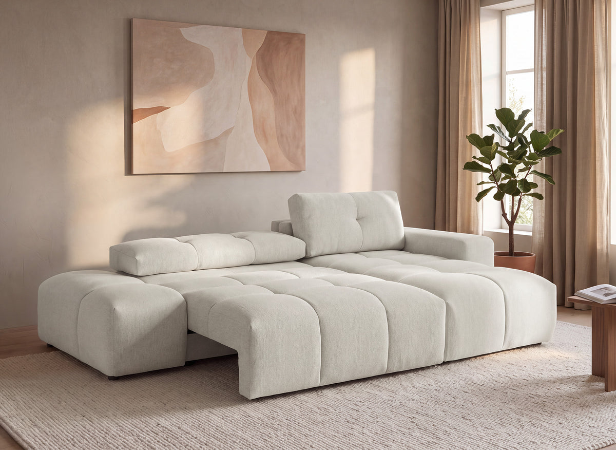 Canapé d'angle convertible avec coffre en tissu texturé beige ANGELINE - Angle droit
