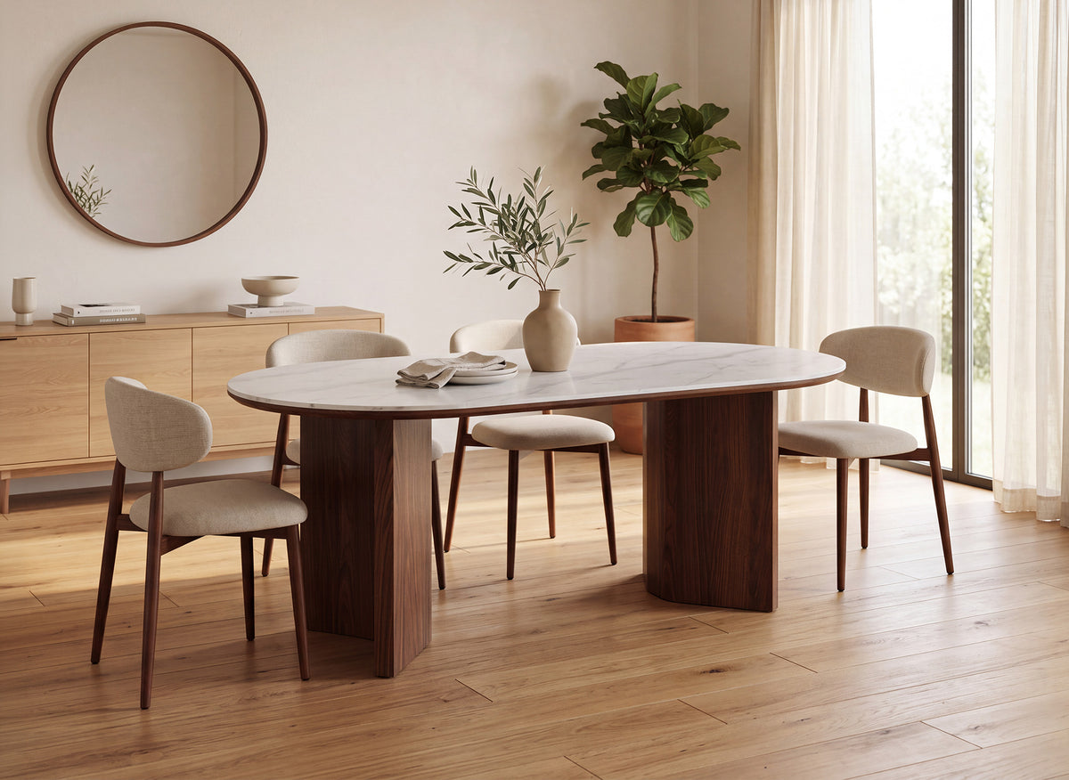 Table à manger céramique beige et bois noyer 6 personnes 160 cm AMANDINE