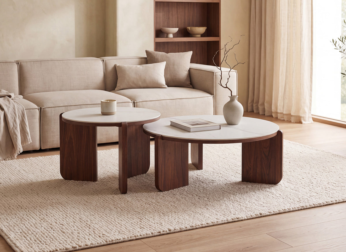 Lot de 2 tables basses céramique beige pieds noyer ANNIE