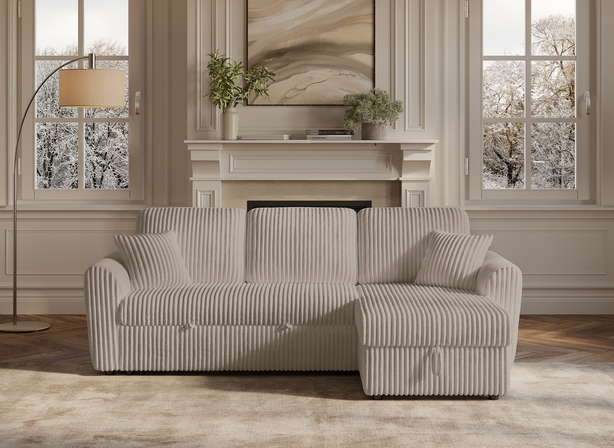 Canapé d'angle convertible et réversible avec coffre en velours côtelé épais taupe ADRYEN