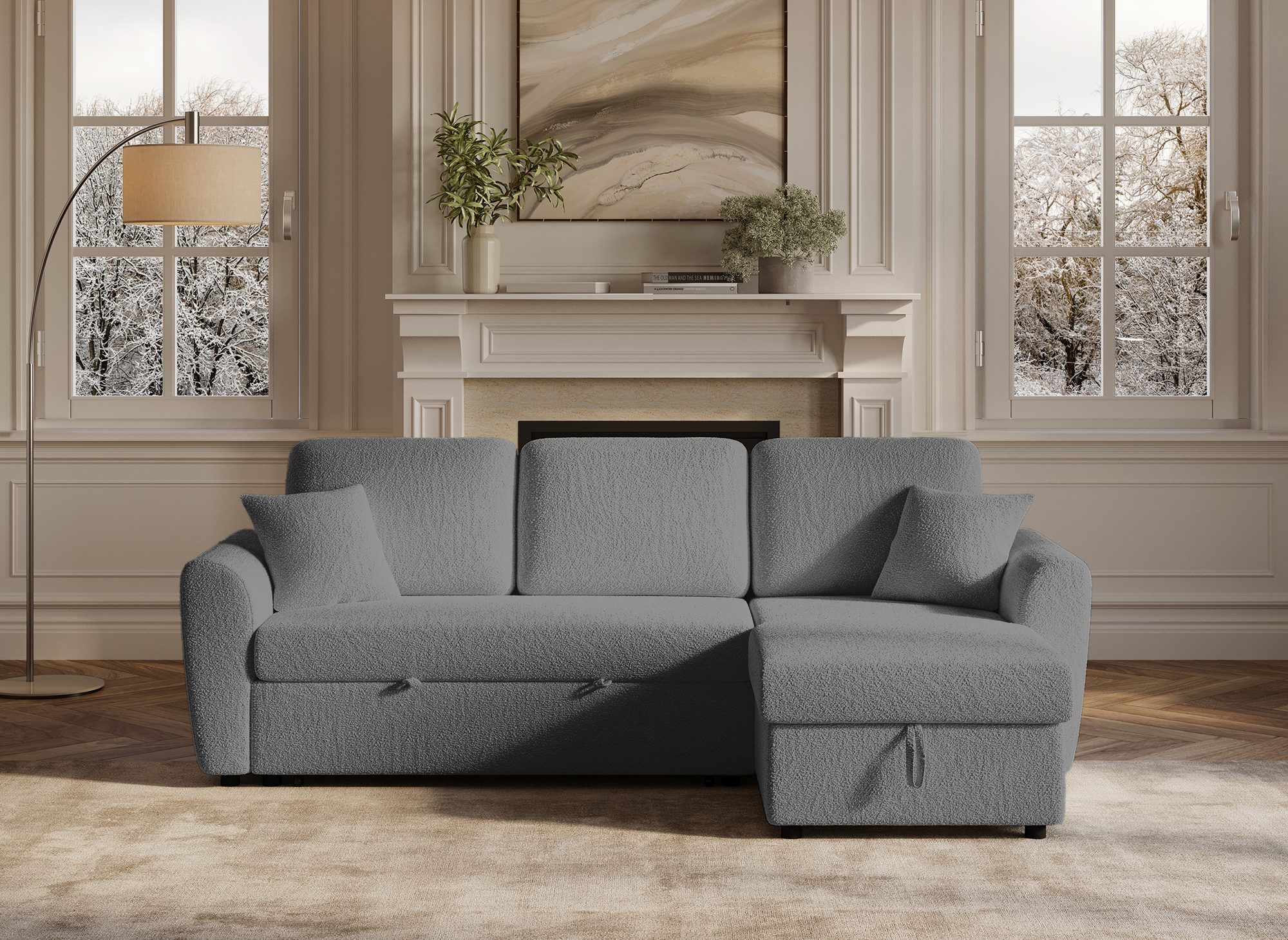 Canapé d'angle convertible et réversible avec coffre en tissu bouclette gris ADRYEN