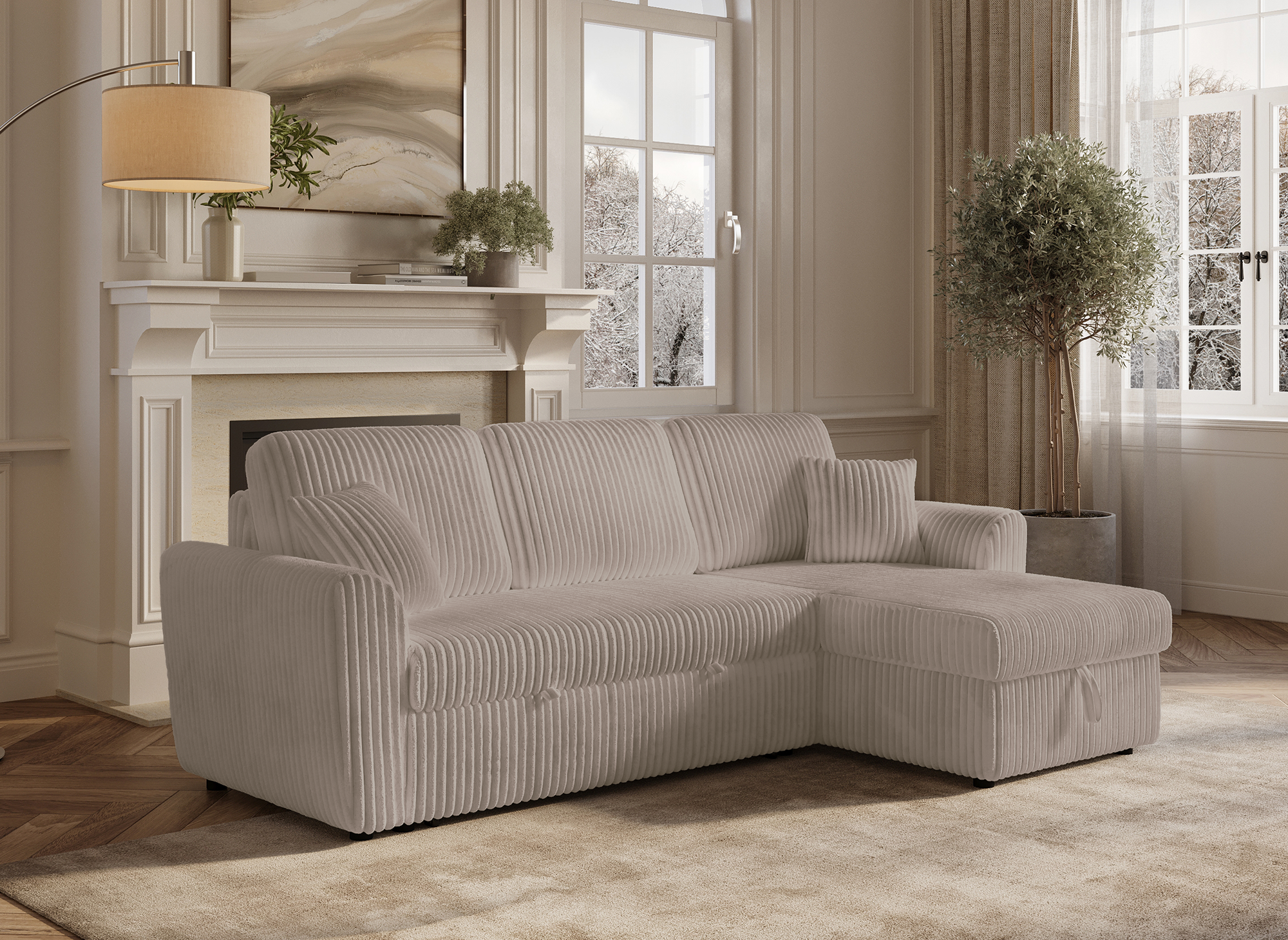 Canapé d'angle convertible et réversible avec coffre en velours côtelé épais taupe ADRYEN