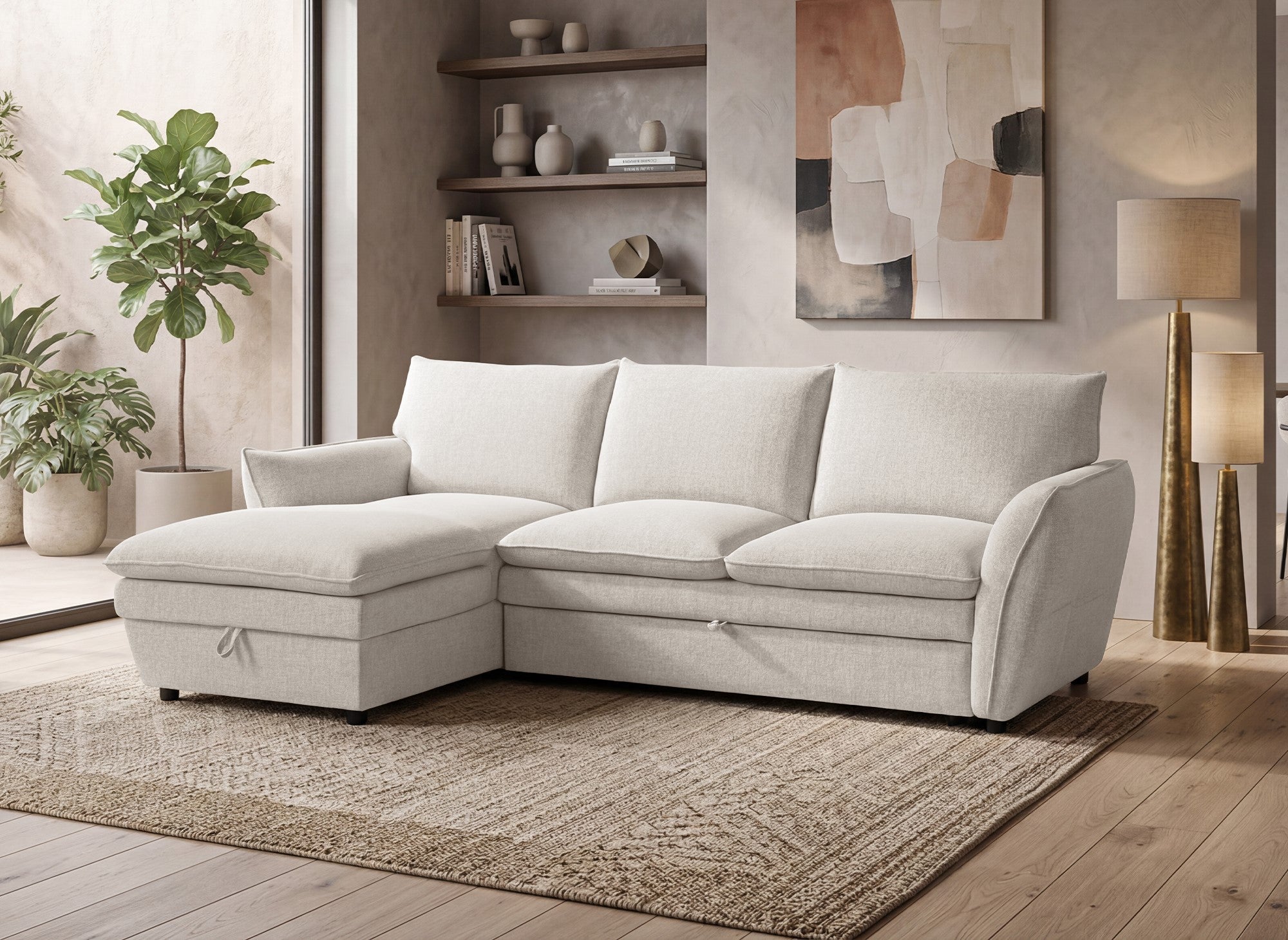 Canapé d'angle convertible avec coffre en tissu beige CAPUCINE - Angle gauche