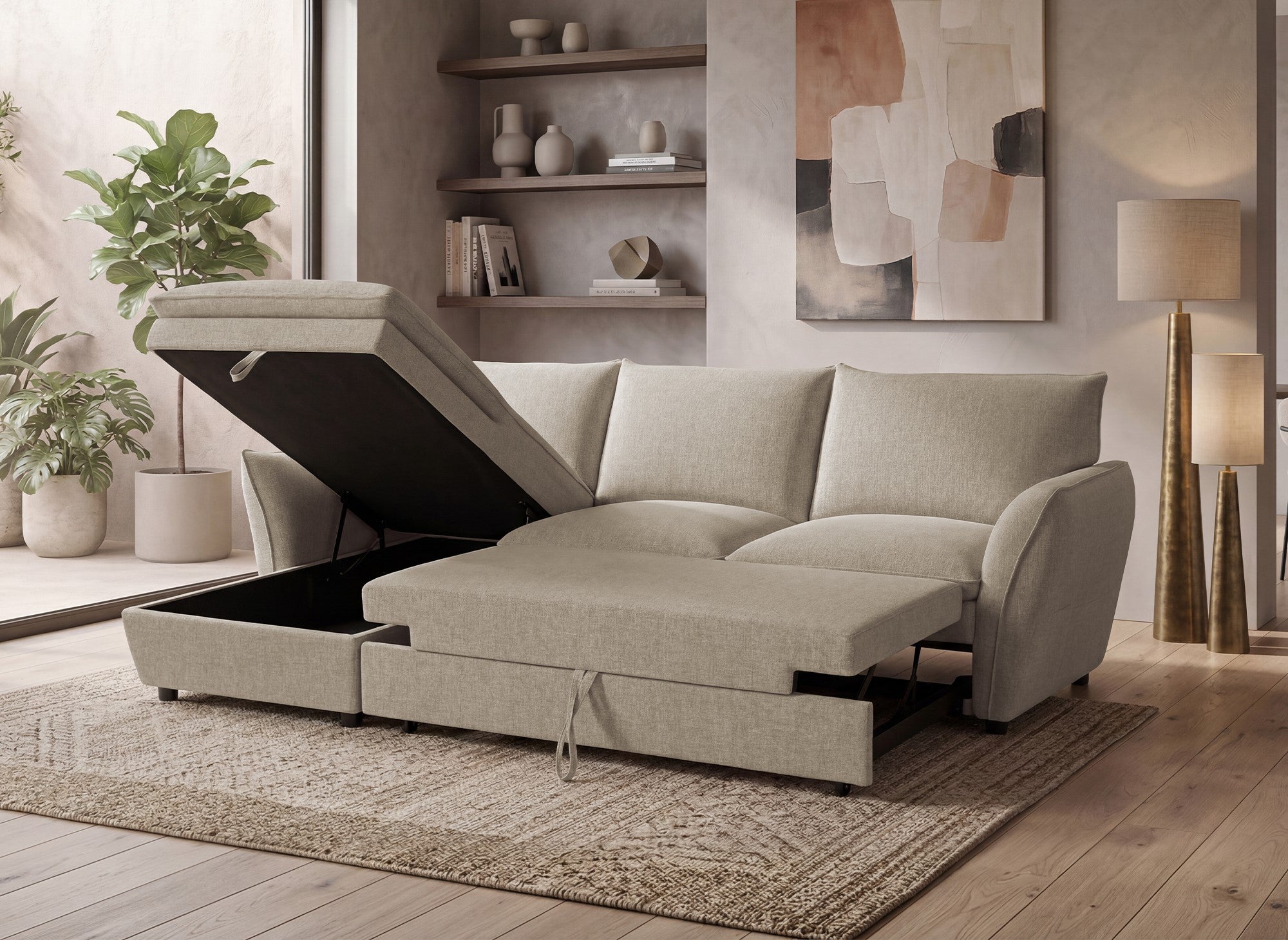 Canapé d'angle convertible avec coffre en tissu taupe CAPUCINE - Angle gauche