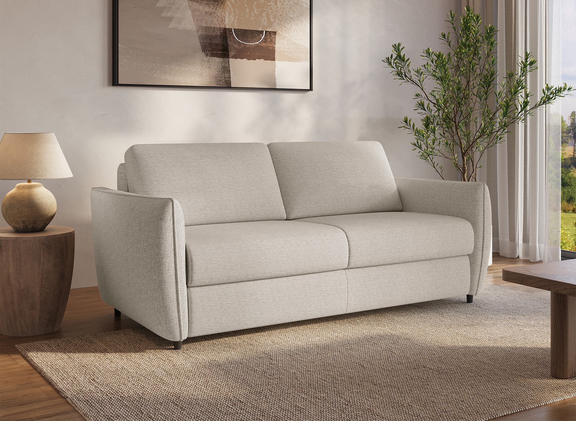 Canapé convertible express 3 places en velours texturé beige CHIARA