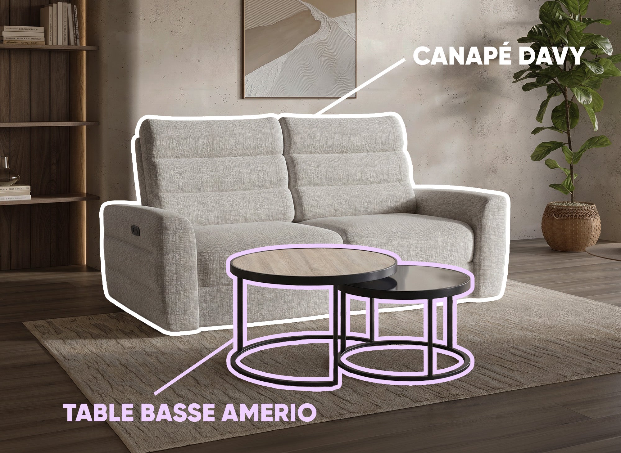 Canapé 3 places relax électrique DAVY + Lot de 2 tables basses AMERIO