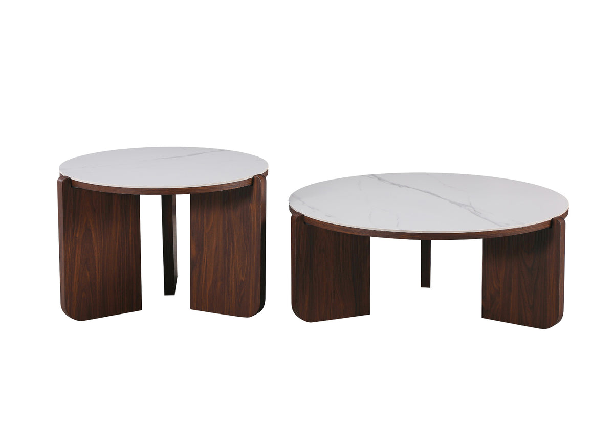 Lot de 2 tables basses céramique beige pieds noyer ANNIE