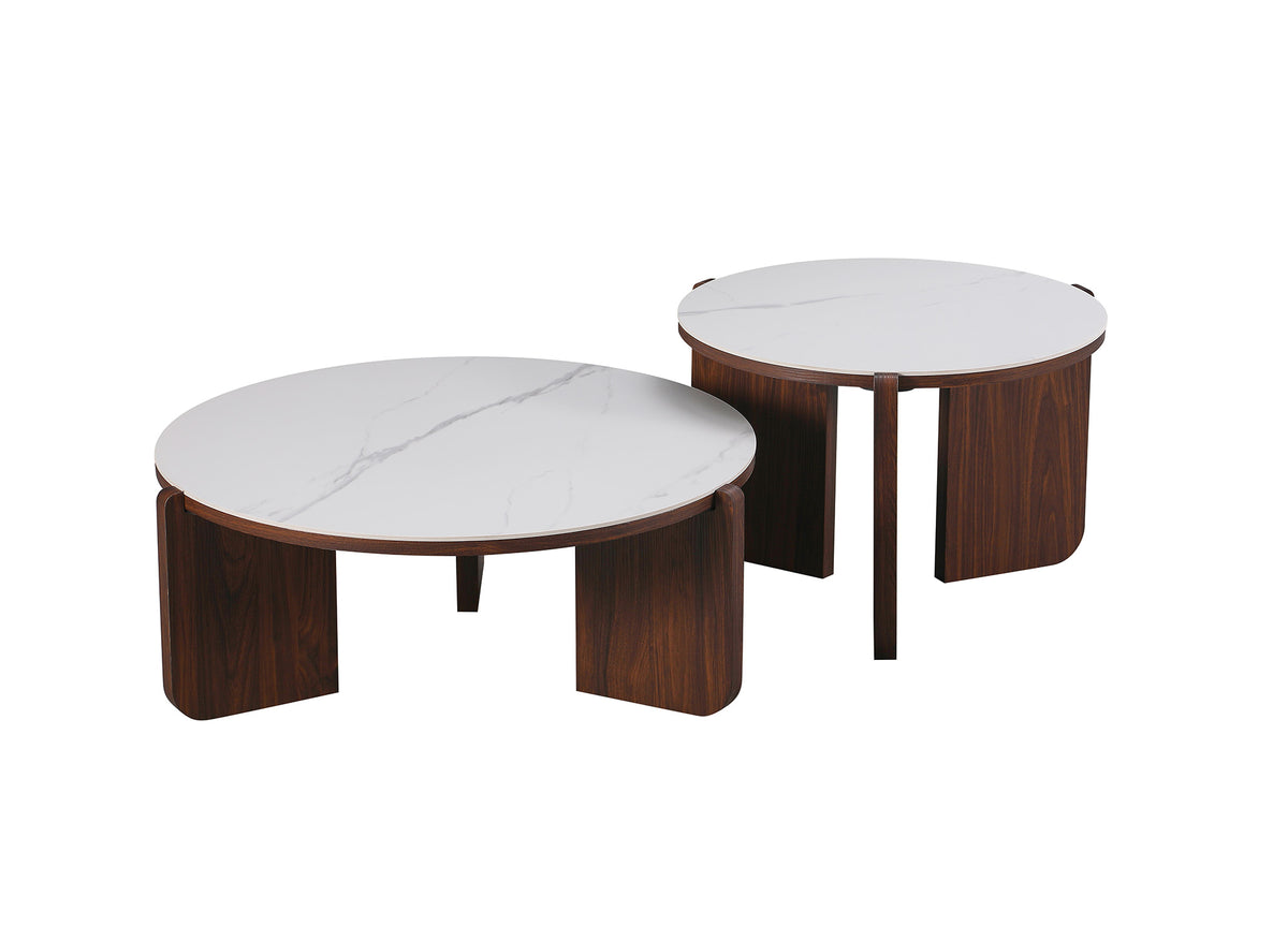 Lot de 2 tables basses céramique beige pieds noyer ANNIE