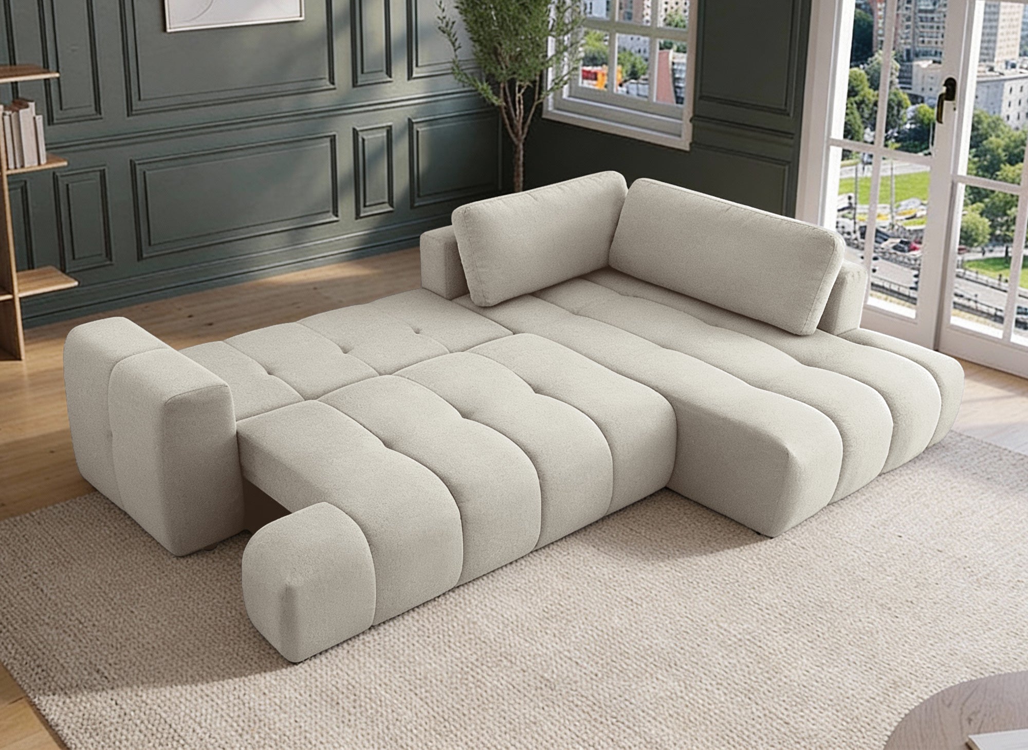 Canapé d'angle convertible avec coffre en tissu beige HAVEN - Angle droit