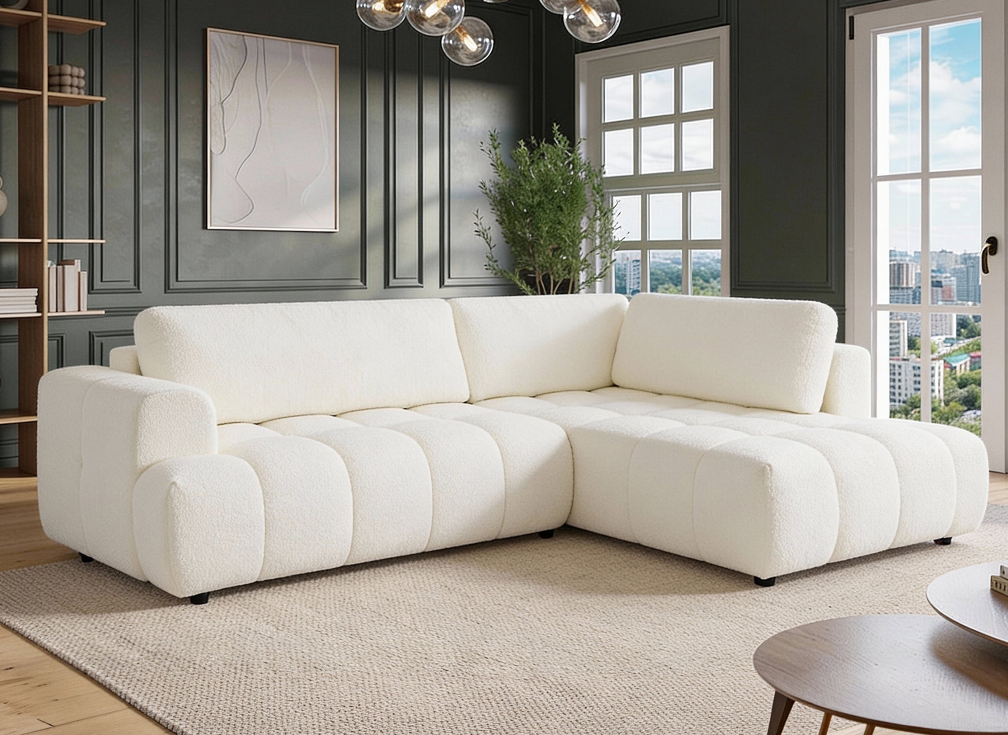 Canapé d'angle convertible avec coffre en tissu bouclette écru HAVEN - Angle droit