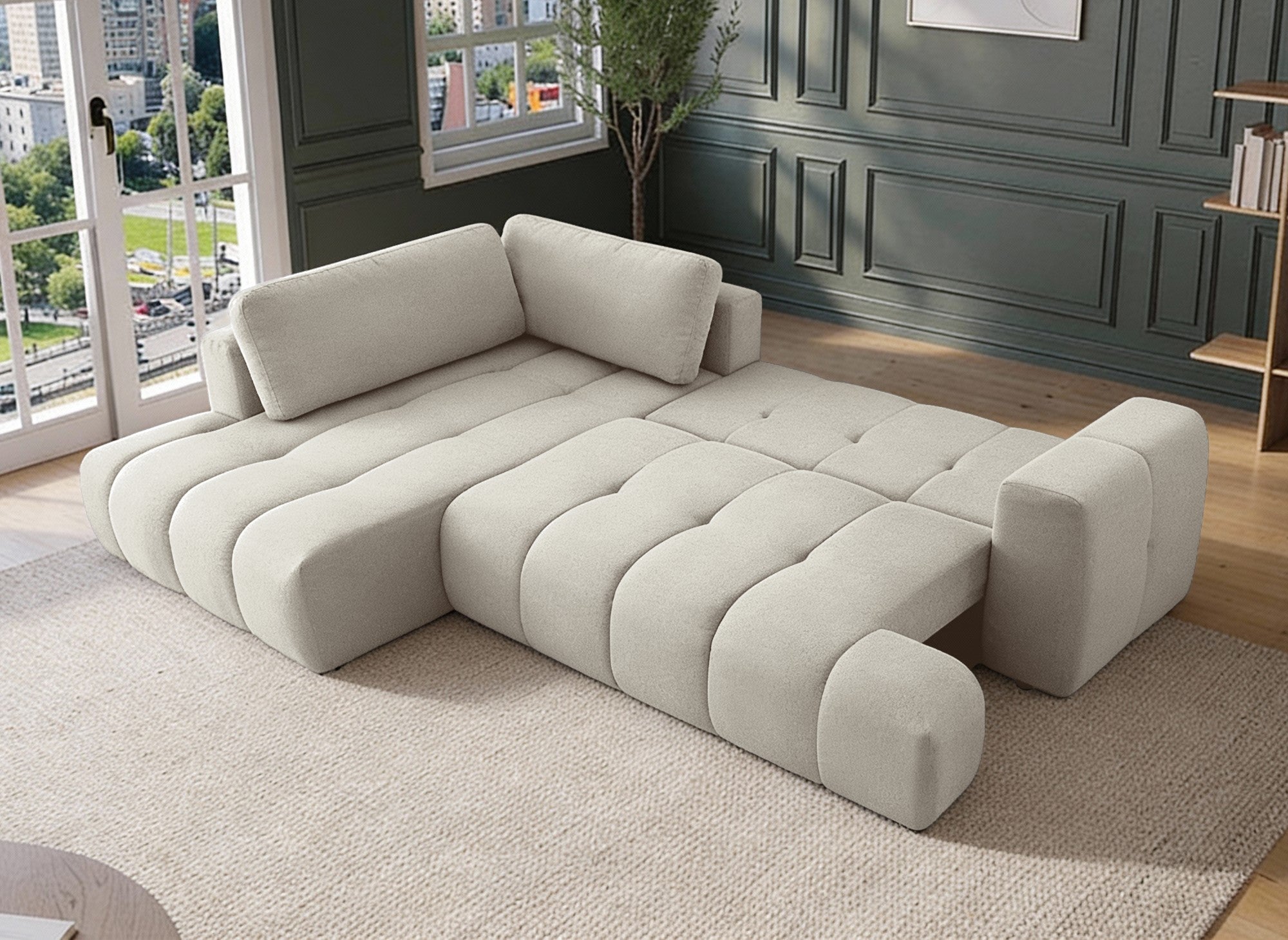 Canapé d'angle convertible avec coffre en tissu beige HAVEN - Angle gauche