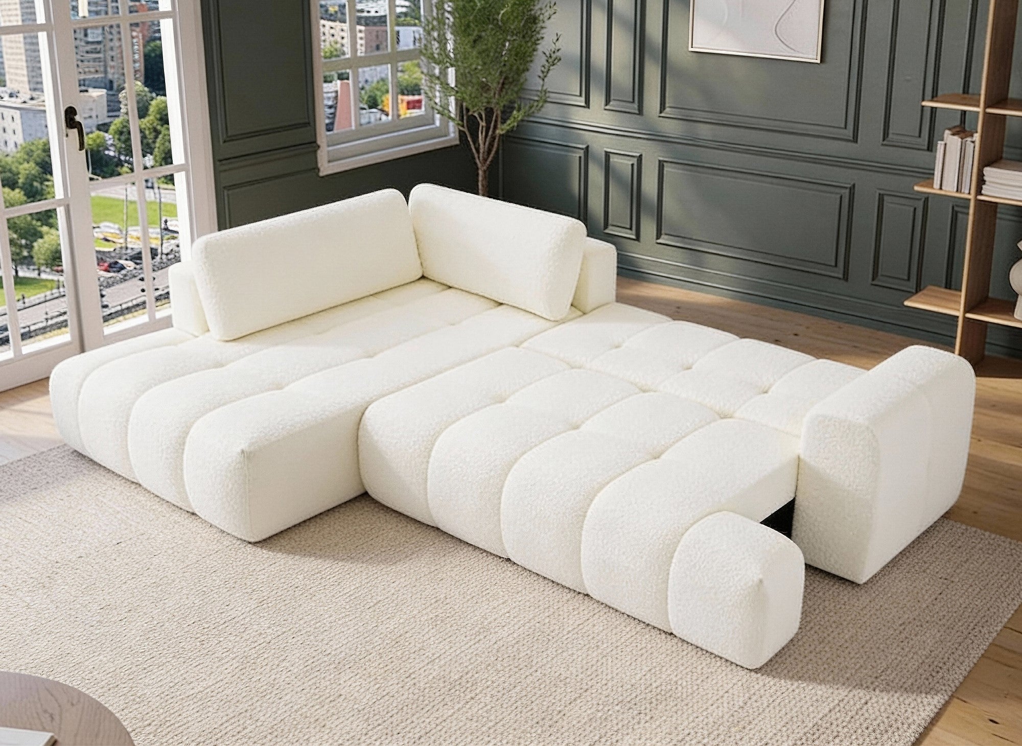 Canapé d'angle convertible avec coffre en tissu bouclette écru HAVEN - Angle gauche