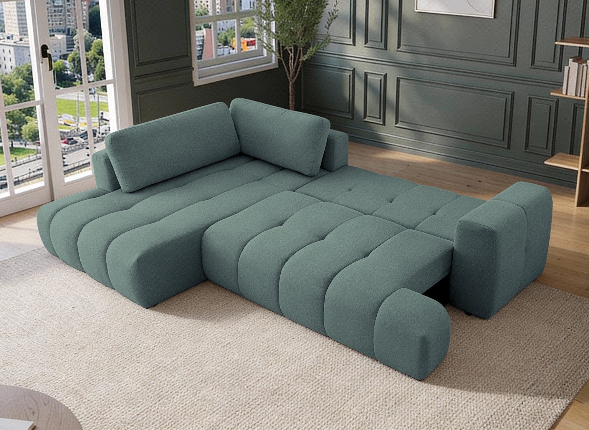 Canapé d'angle convertible avec coffre en tissu vert olive HAVEN - Angle gauche