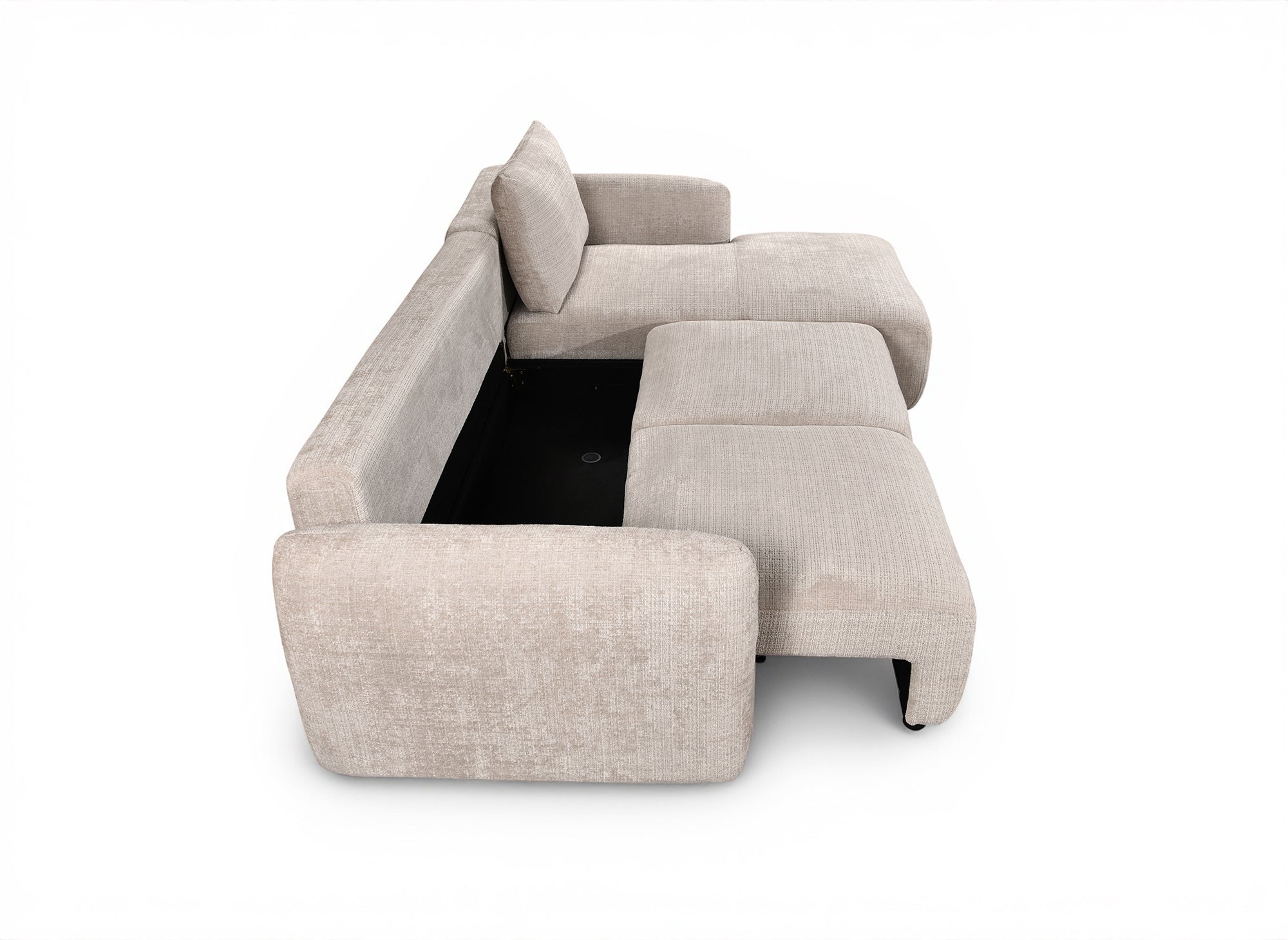 Canapé d'angle convertible avec coffre en velours chiné beige MARLA - Angle droit