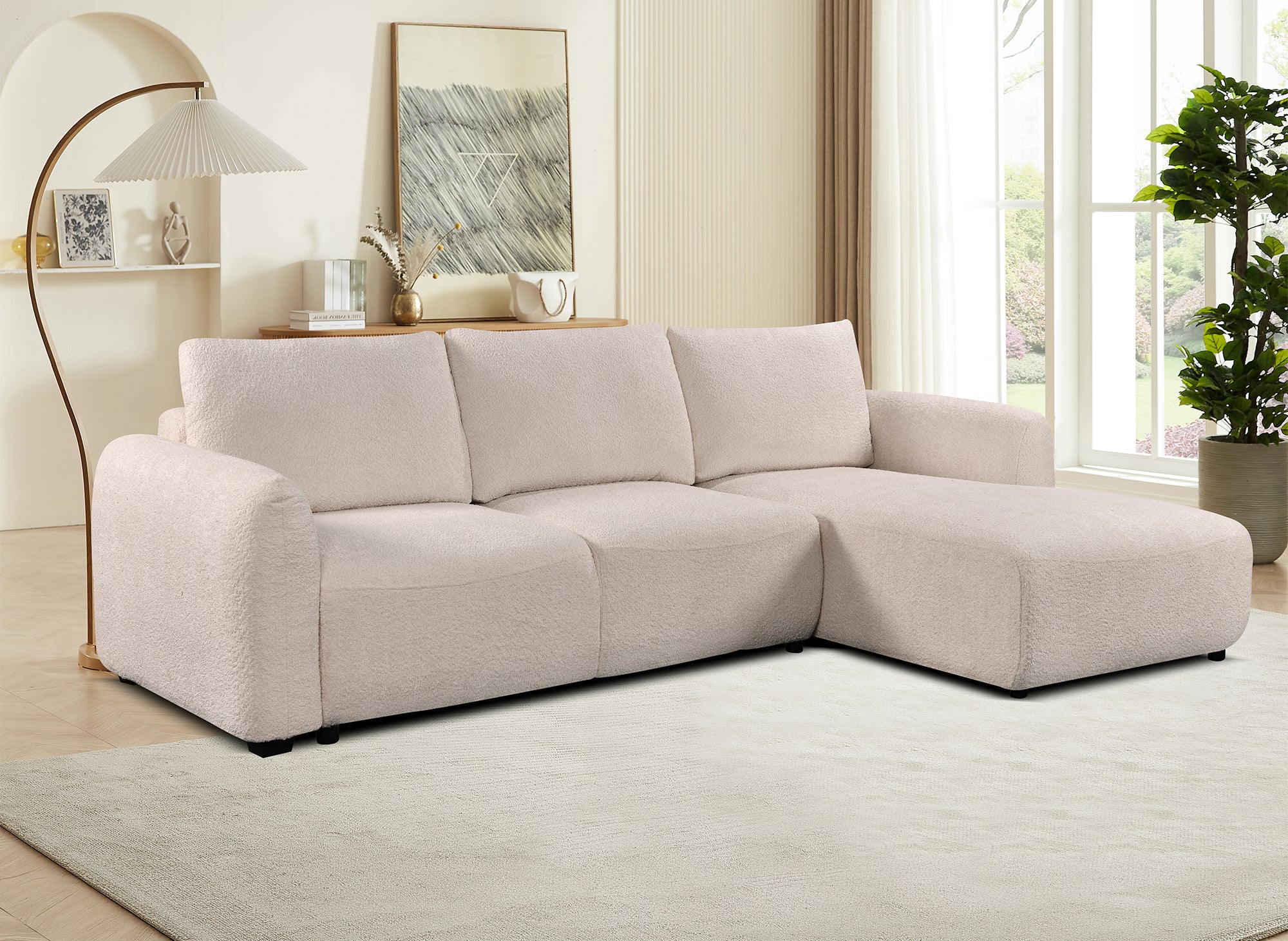 Canapé d'angle convertible avec coffre en tissu bouclette beige MARLA - Angle droit