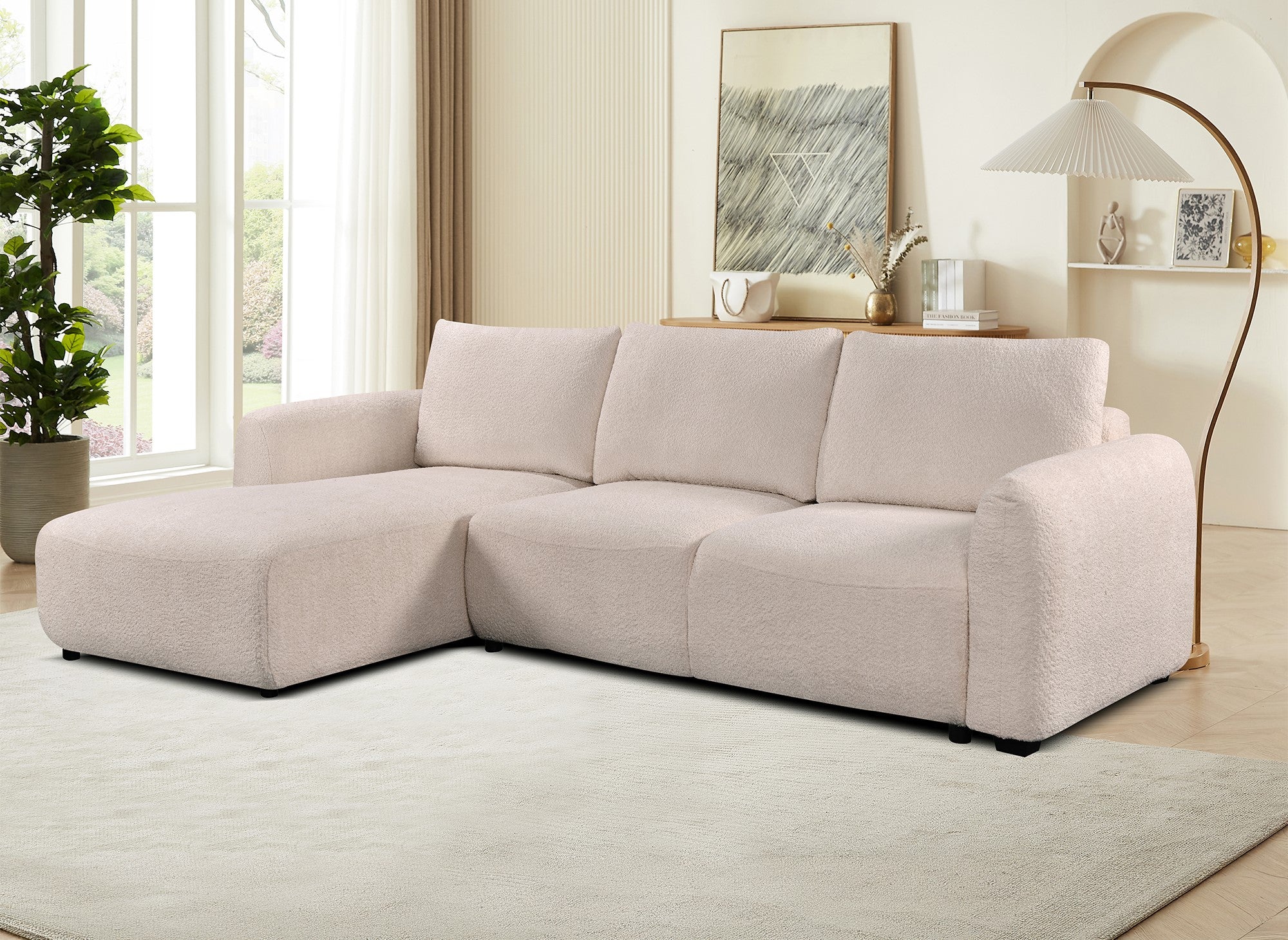 Canapé d'angle convertible avec coffre en tissu bouclette beige MARLA - Angle gauche