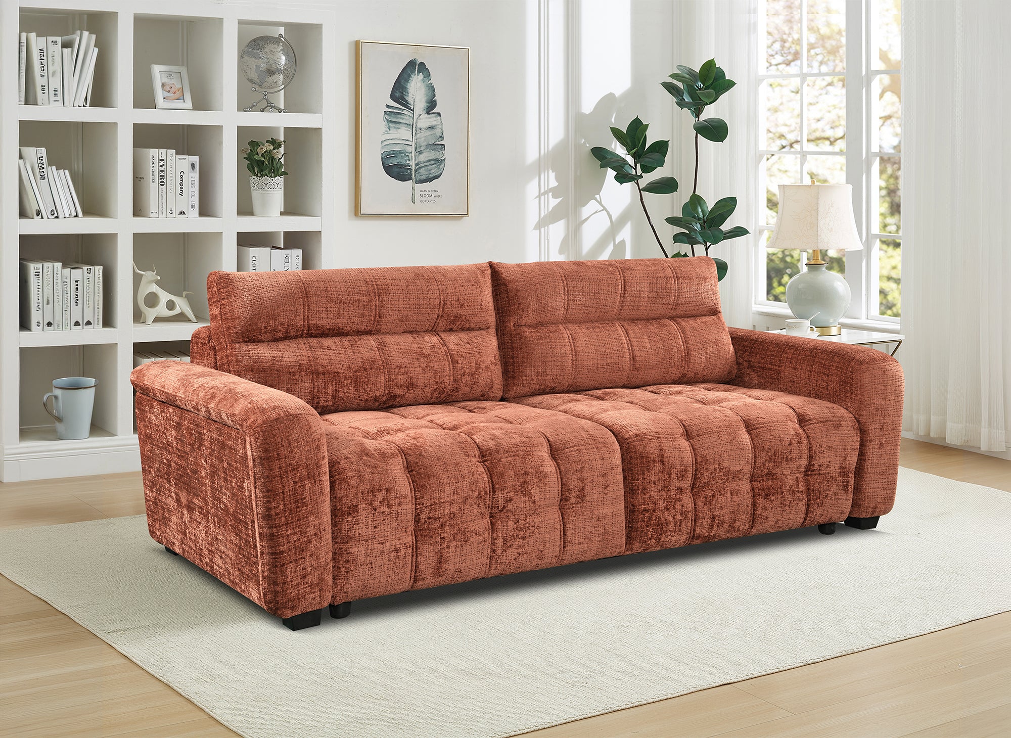 Canapé convertible avec coffre 3 places en velours chiné terracotta RALYA